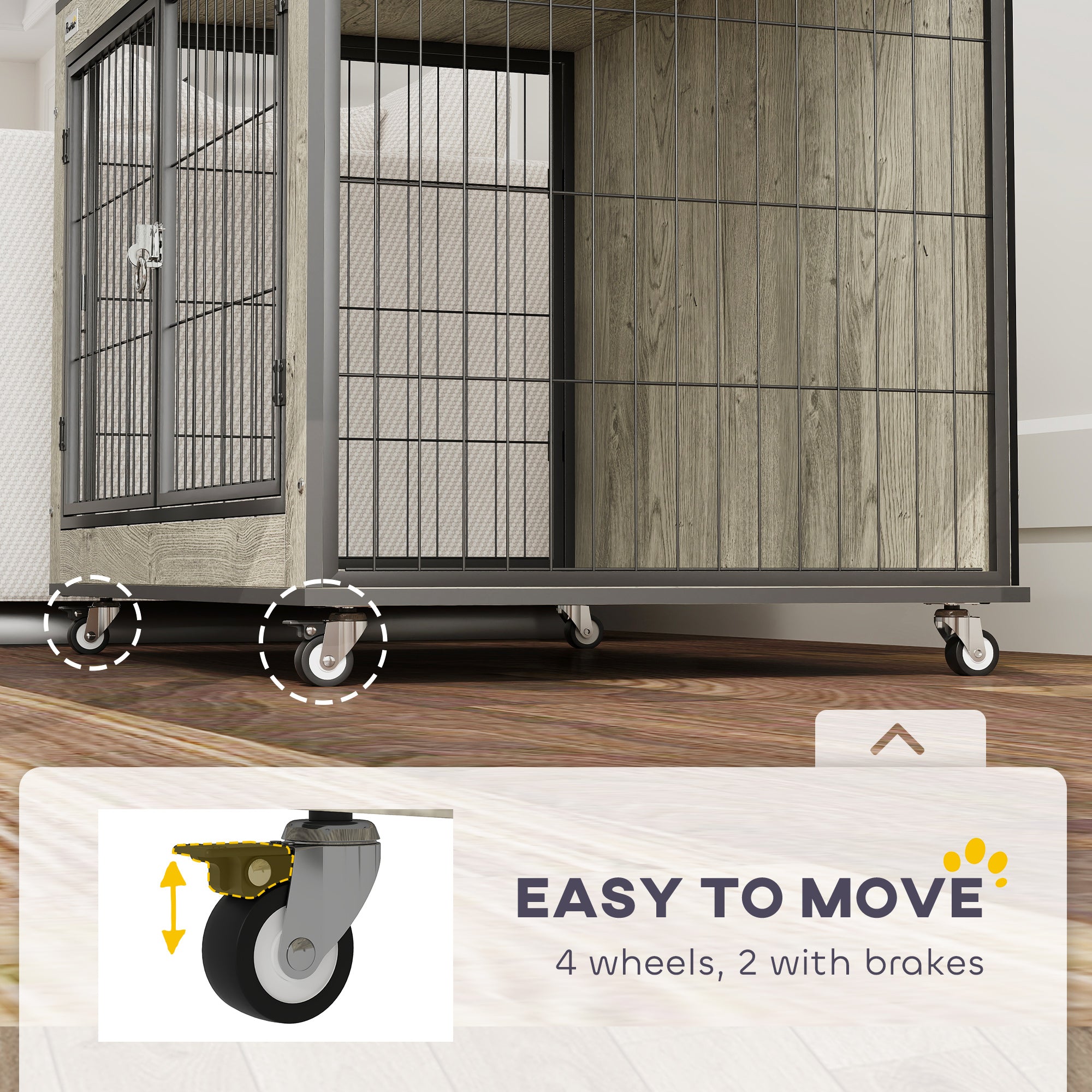 Dog Crate Furniture on Wheels, Dog Cage End Side Table with Lockable Double Doors, for Medium Breeds, 80 x 56 x 62.5cm, Grey