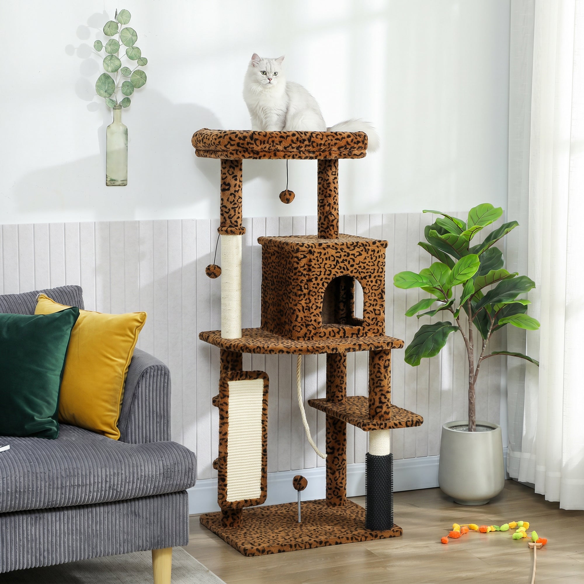 Cat Tree for Large Cat Adults, 52 Inch Cat Tower for Indoor Cats w/ Scratching Posts, Cat Bed, Condo, Jumping Platforms, Toy Balls, Anti-tip Kit, Leopard Print