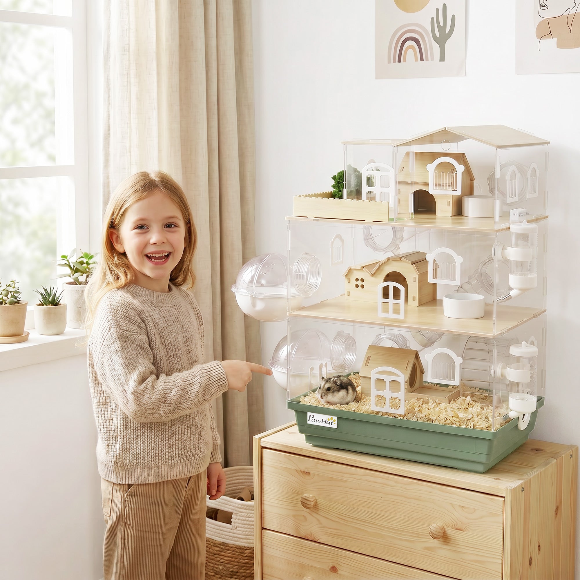15 in 1 Acrylic Hamster Cage, 3 Tiers Large Gerbil Cage with 3 Huts, 2 Water Bottles, 2 Dishes, Running Wheel and External Bathrooms for Pet Mice, Dwarf Hamster, 13.4" L x 9.8" W x 20.5" H