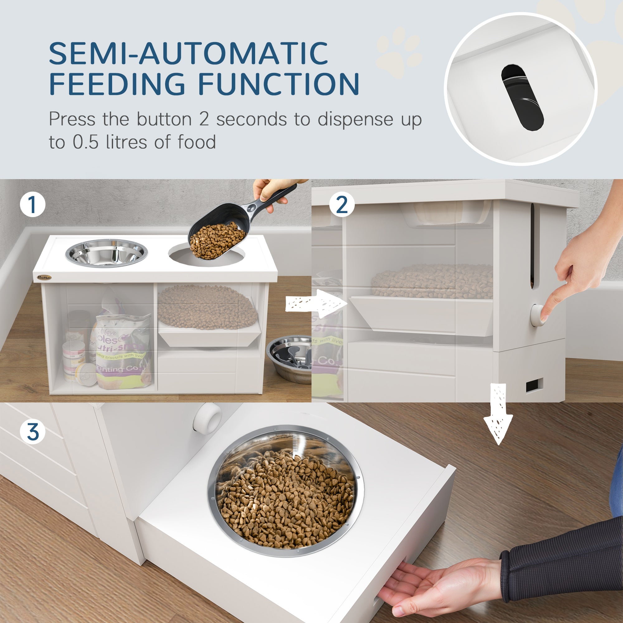 PawHut Elevated Dog Bowls with Slow Feeder Mat & Semi-Auto Dispenser Function, Pet Feeding Station with Storage Cabinet, 3 Stainless Steel Bowls, Raised Dog Bowls for Large & Extra Large Dogs, White