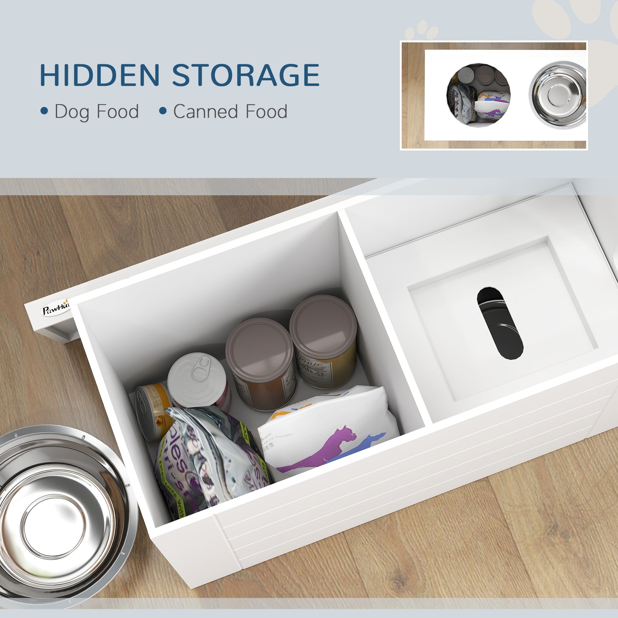 Raised Dog Bowls, Dog Feeding Station with Slow Feeder Mat, Storage Cabinet, 3 Stainless Steel Bowls, Semi-Auto Dispenser Function, for Large, Extra Large Breeds, White