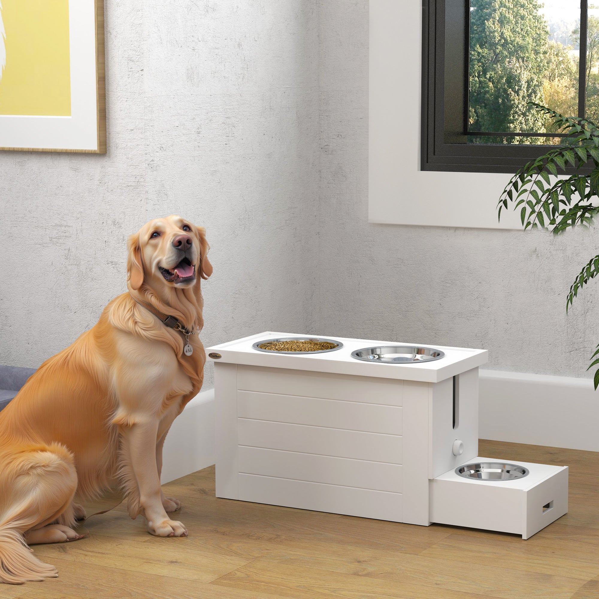 Raised Dog Bowls, Dog Feeding Station with Slow Feeder Mat, Storage Cabinet, 3 Stainless Steel Bowls, Semi-Auto Dispenser Function, for Large, Extra Large Breeds, White