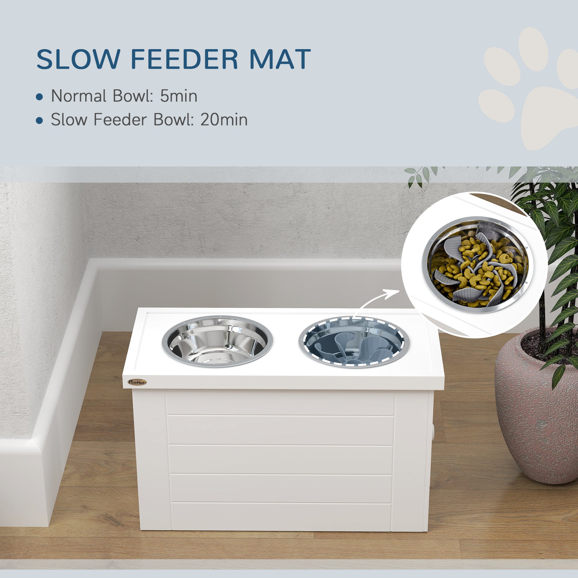 PawHut Elevated Dog Bowls with Slow Feeder Mat & Semi-Auto Dispenser Function, Pet Feeding Station with Storage Cabinet, 3 Stainless Steel Bowls, Raised Dog Bowls for Large & Extra Large Dogs, White