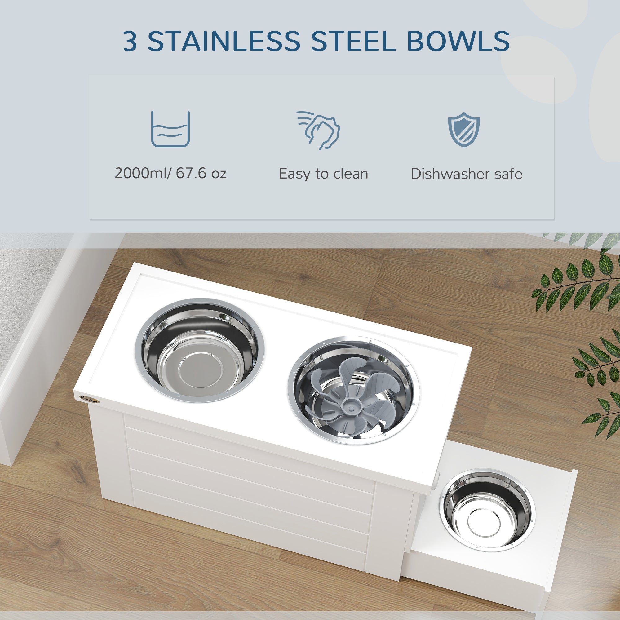 Raised Dog Bowls, Dog Feeding Station with Slow Feeder Mat, Storage Cabinet, 3 Stainless Steel Bowls, Semi-Auto Dispenser Function, for Large, Extra Large Breeds, White