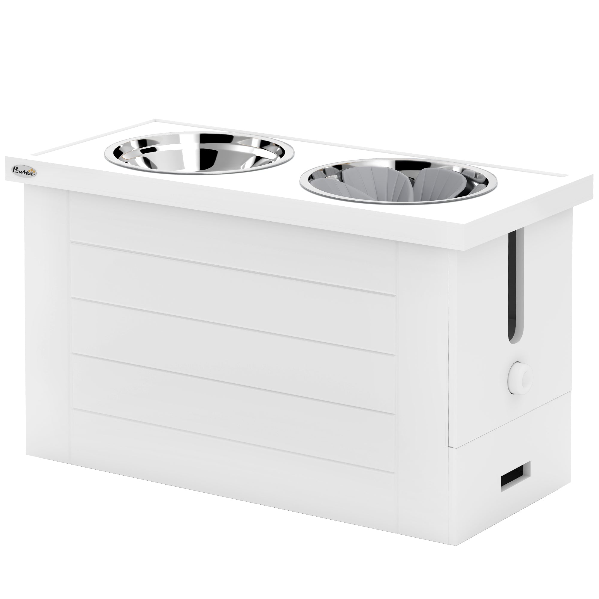 PawHut Elevated Dog Bowls with Slow Feeder Mat & Semi-Auto Dispenser Function, Pet Feeding Station with Storage Cabinet, 3 Stainless Steel Bowls, Raised Dog Bowls for Large & Extra Large Dogs, White
