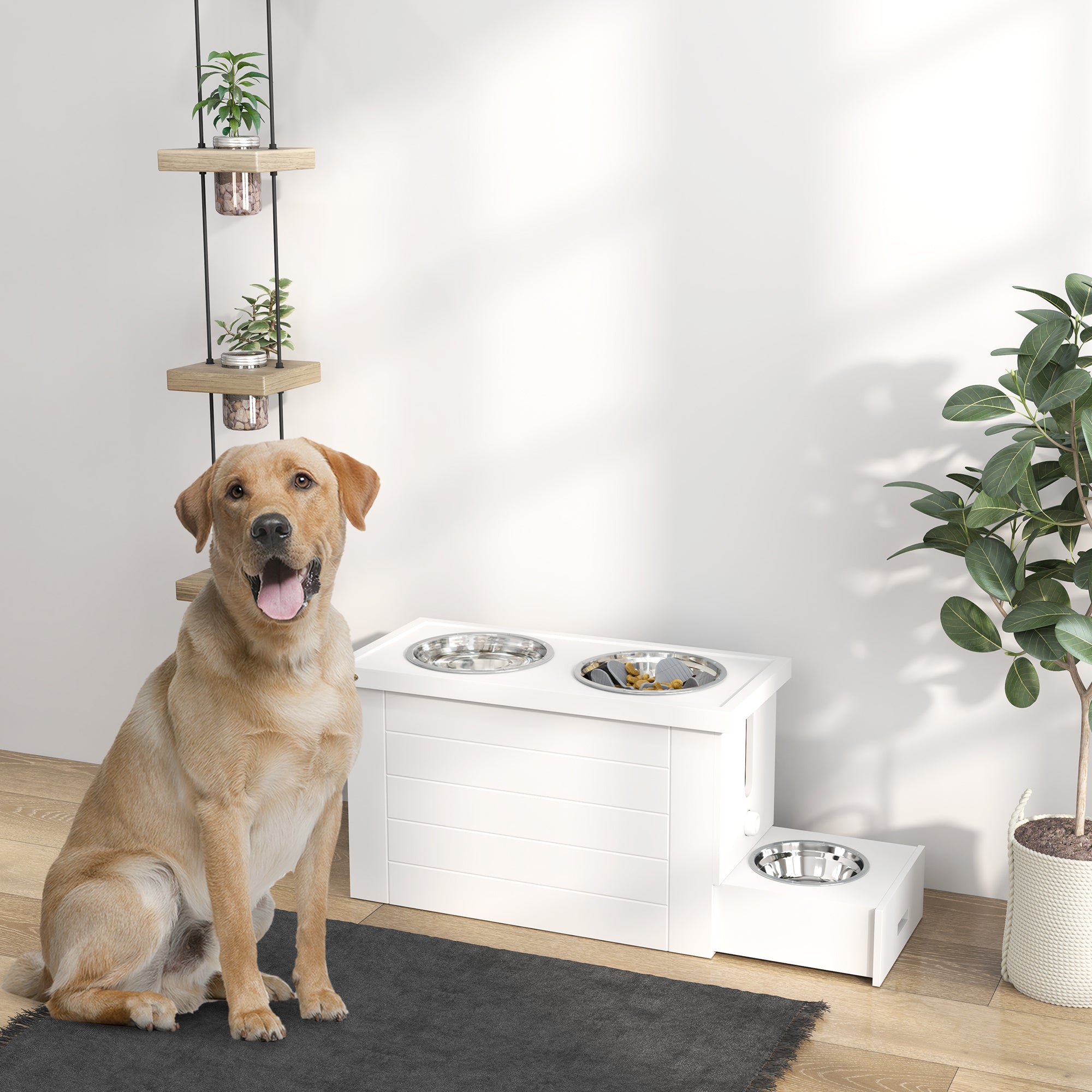 PawHut Elevated Dog Bowls with Slow Feeder Mat & Semi-Auto Dispenser Function, Pet Feeding Station with Storage Cabinet, 3 Stainless Steel Bowls, Raised Dog Bowls for Large & Extra Large Dogs, White