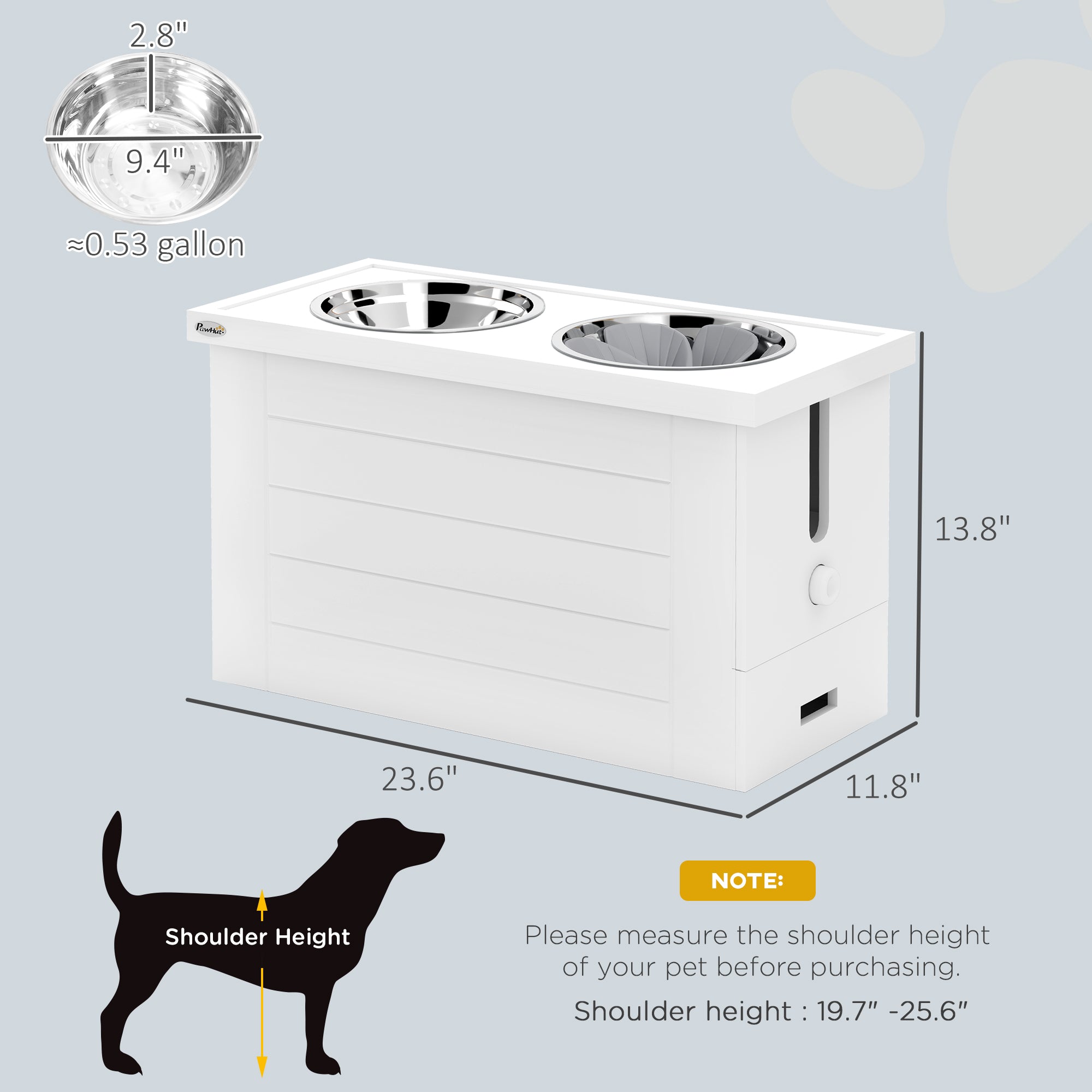PawHut Elevated Dog Bowls with Slow Feeder Mat & Semi-Auto Dispenser Function, Pet Feeding Station with Storage Cabinet, 3 Stainless Steel Bowls, Raised Dog Bowls for Large & Extra Large Dogs, White