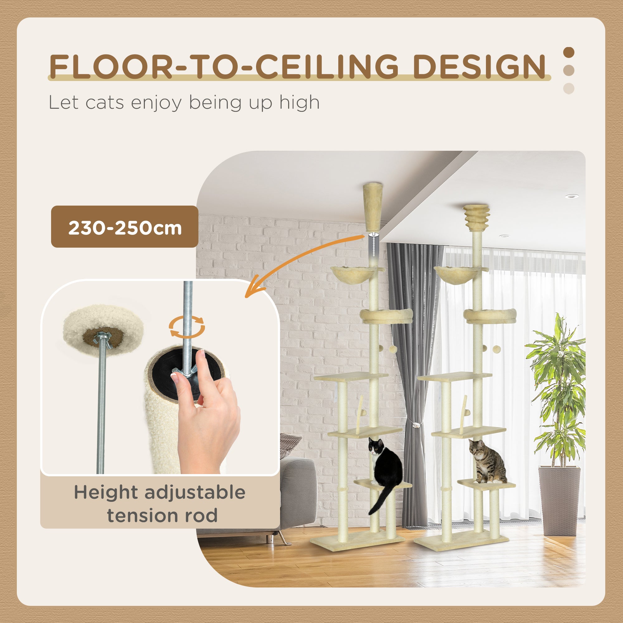 Floor to Ceiling Cat Tree for Indoor Cats, 6-Tier Play Tower Climbing Activity Center with Scratching Post, Platforms, Bed, Hammock, Adjustable Height 230-250cm, Beige