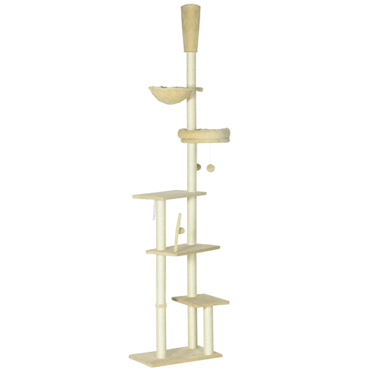 Floor to Ceiling Cat Tree for Indoor Cats, 6-Tier Play Tower Climbing Activity Center with Scratching Post, Platforms, Bed, Hammock, Adjustable Height 230-250cm, Beige
