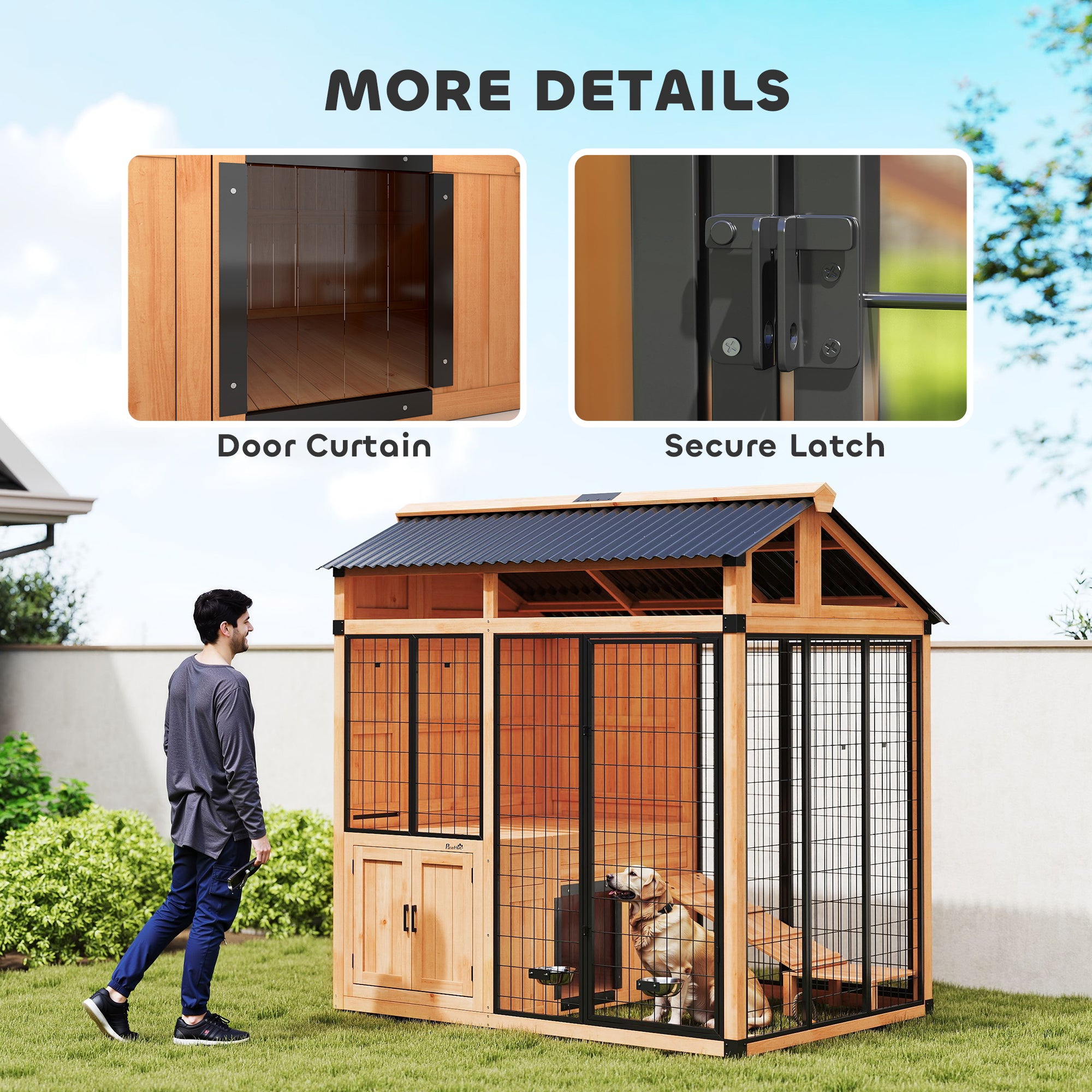 7' x 5' Extra Large Dog House, Wood Outdoor Dog Kennel with Activity Platform, Stairs, Storage Cabinet, Pet Shelter with Waterproof Roof, Stainless Steel Bowls for Large Breeds, Yellow