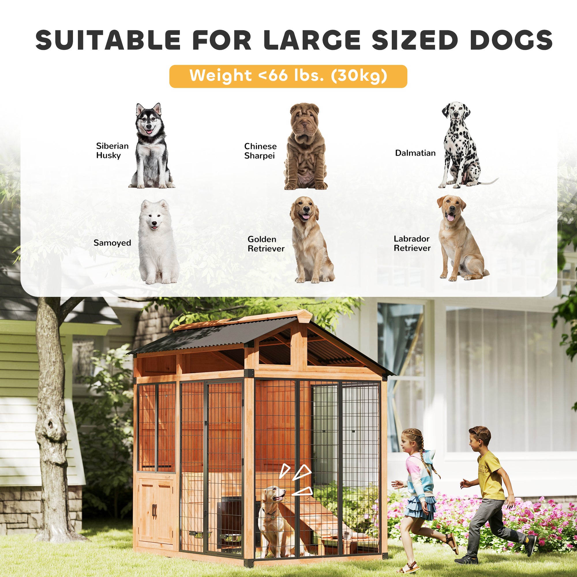 7' x 5' Extra Large Dog House, Wood Outdoor Dog Kennel with Activity Platform, Stairs, Storage Cabinet, Pet Shelter with Waterproof Roof, Stainless Steel Bowls for Large Breeds, Yellow