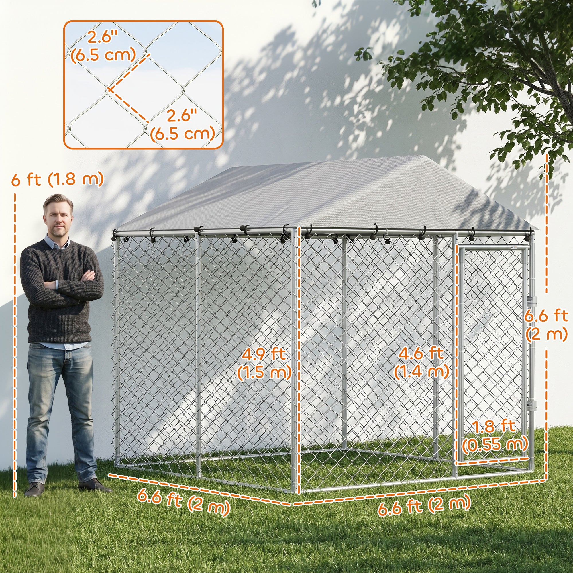 Outdoor Dog Kennel Dog Run with Water and UV Resistant Cover for Small and Medium Sized Pets, 6.6' x 6.6' x 6.6', Silver