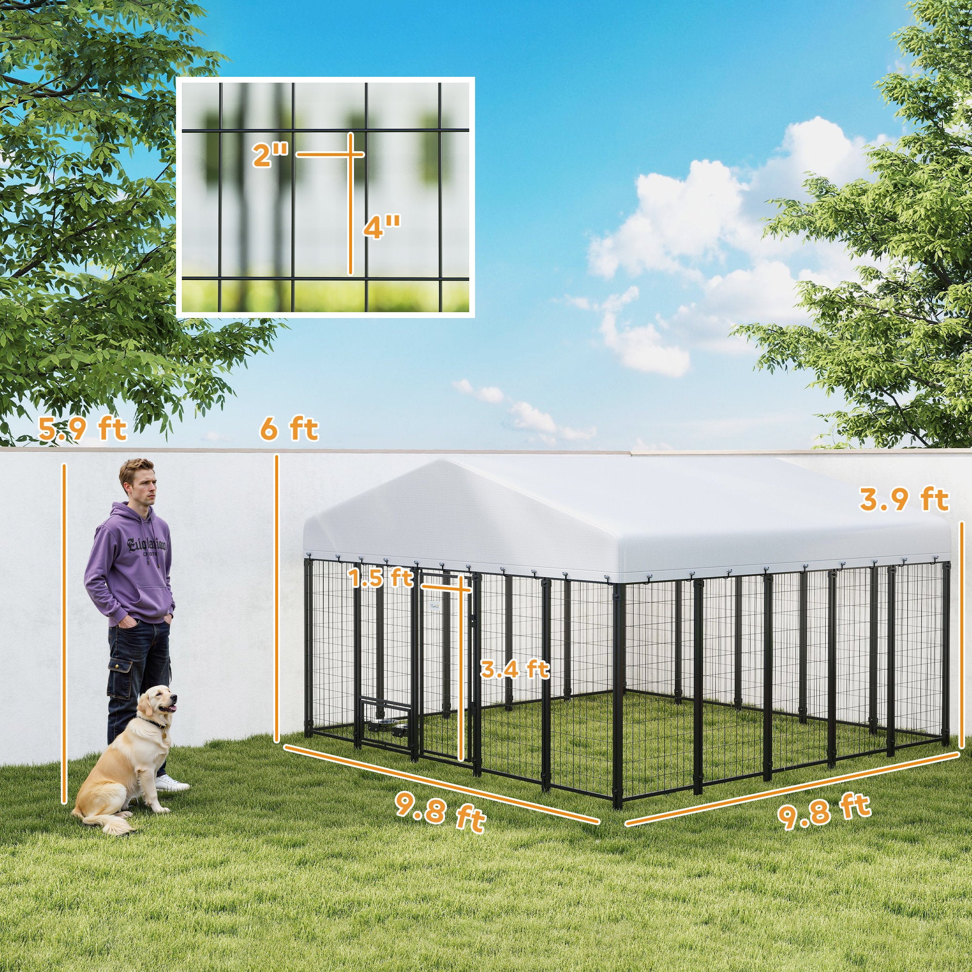 9.8' x 9.8' x 6' Outdoor Dog Kennel, Welded Wire Dog Kennel Outside Run with 360° Rotating Bowls, Waterproof & UV Resistant Cover, for S&M&L Breeds, Chickens, Ducks, Sliver