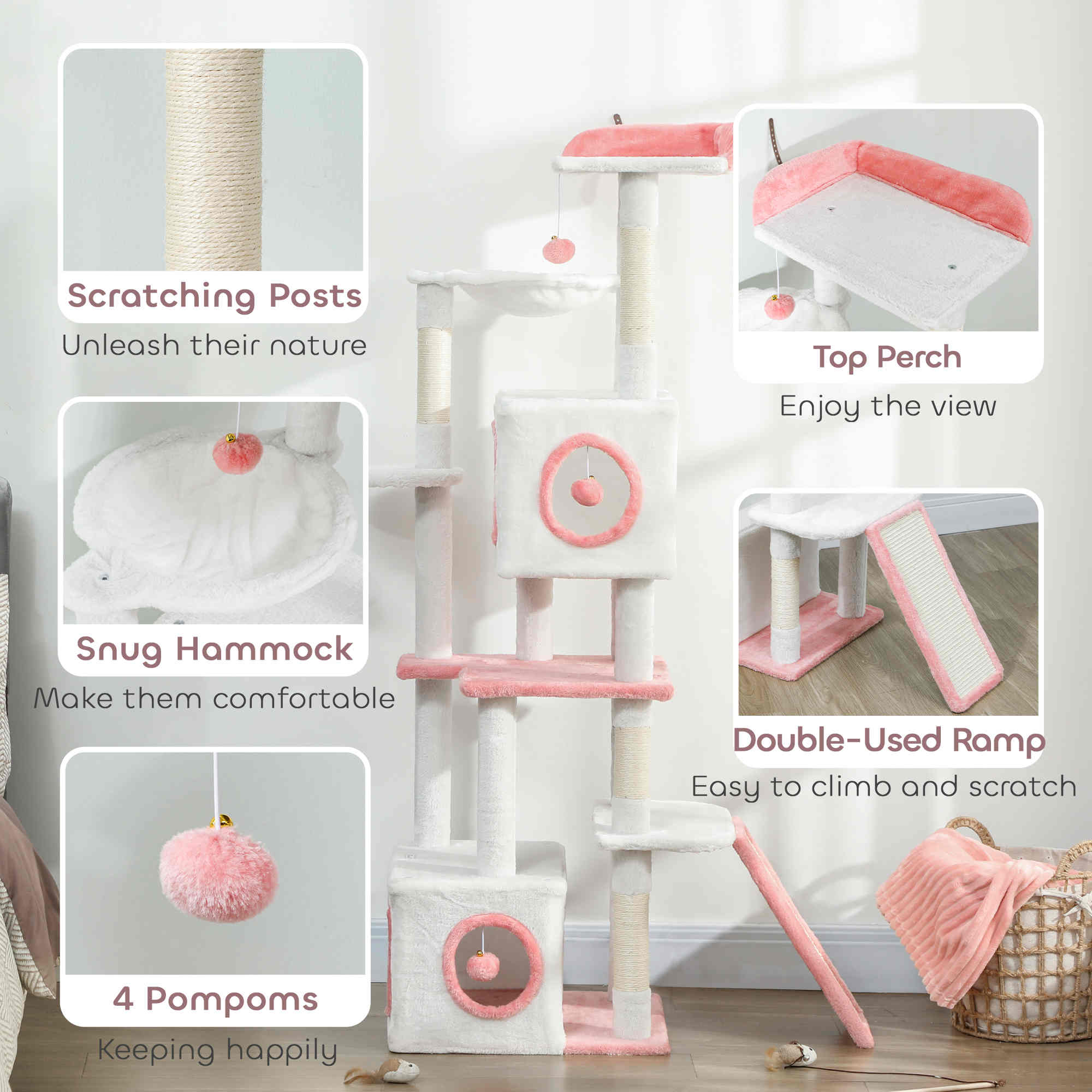 Cat Tree for Indoor Large Adult Cats, 65 Inch Kitty Tower Multi-Level with 2 Doors Condos, Plush Top Perch, Hammock, Sisal Scratching Posts, 4 Pompoms, Ramp, White