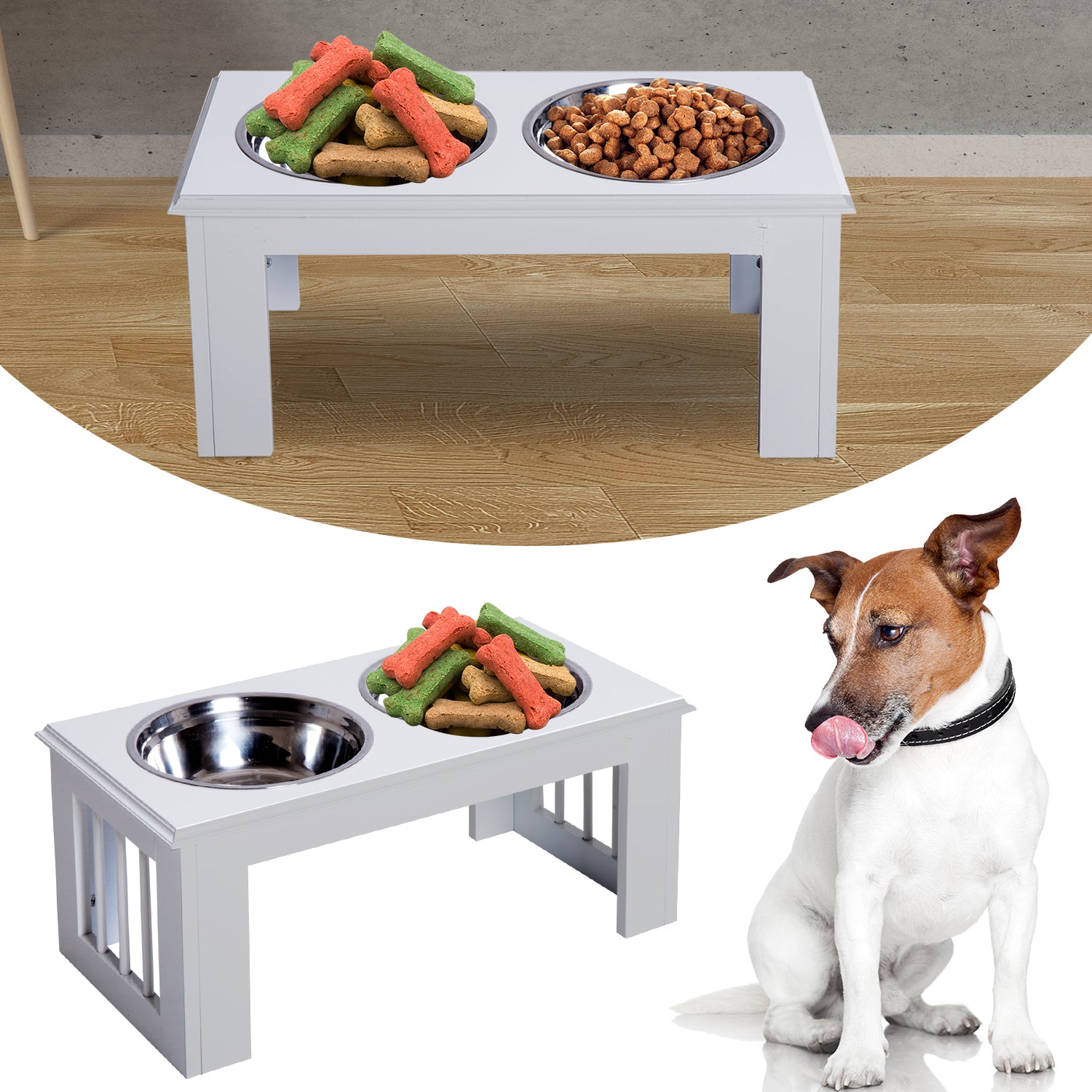 Raised Dog Bowl Feeding Bowls with Stand for Medium Dogs Elevated Pet Bowls Water Food Feeder 58L x 31W x 25H cm - White