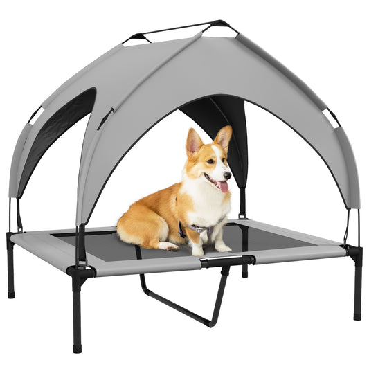 Elevated Dog Bed with Canopy, Cooling Dog Cot Bed for Camping, Portable Raised Pet Cot with Washable Breathable Mesh, for Indoor Outdoor, M & L Dogs, 36" x 30" x 35", Grey