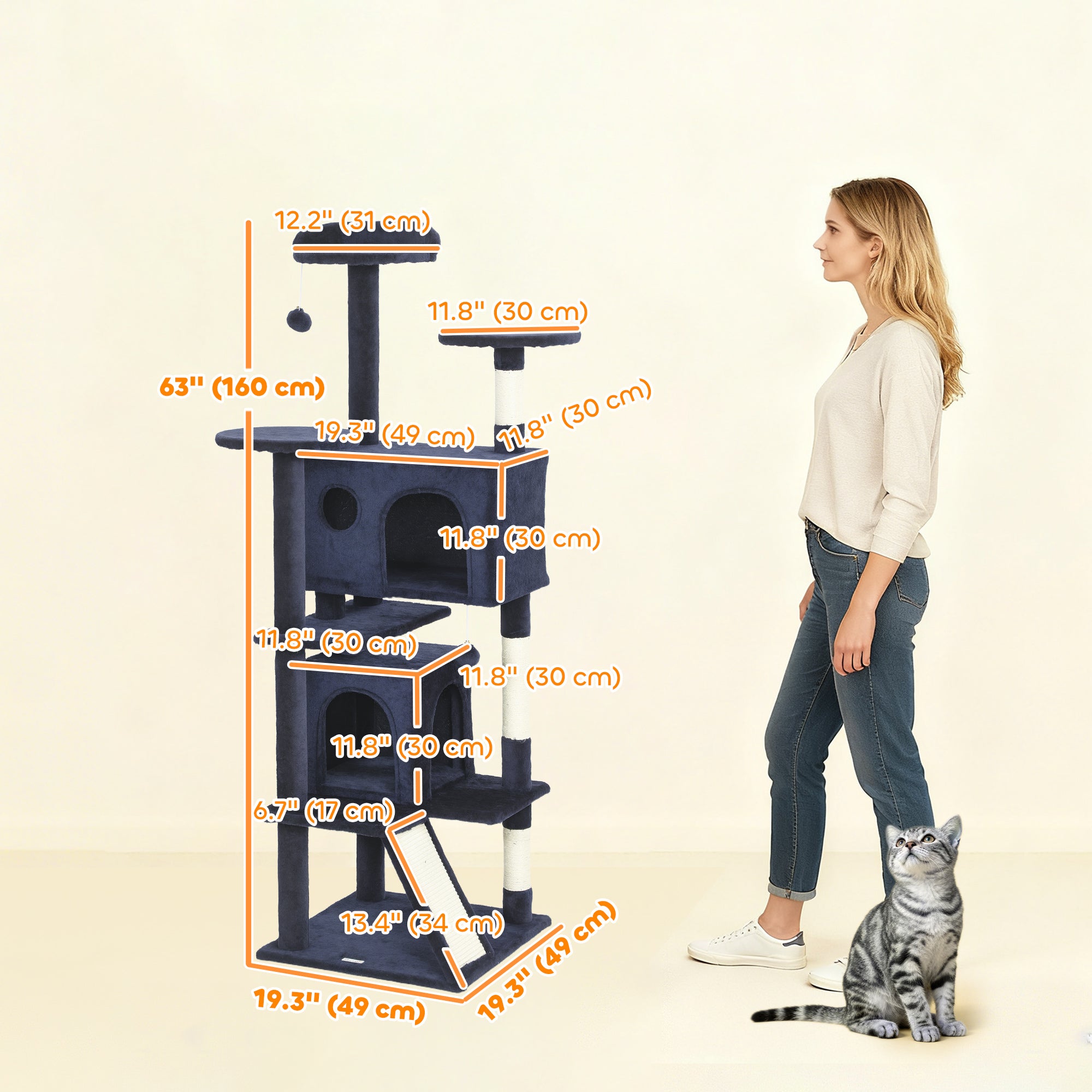 63" Cat Tree, Cat Tower for Indoor Cats with Scratching Posts, Cat Condos, Bed, Platforms, Ramp, Toy Ball, Cat Activity Center, Dark Blue