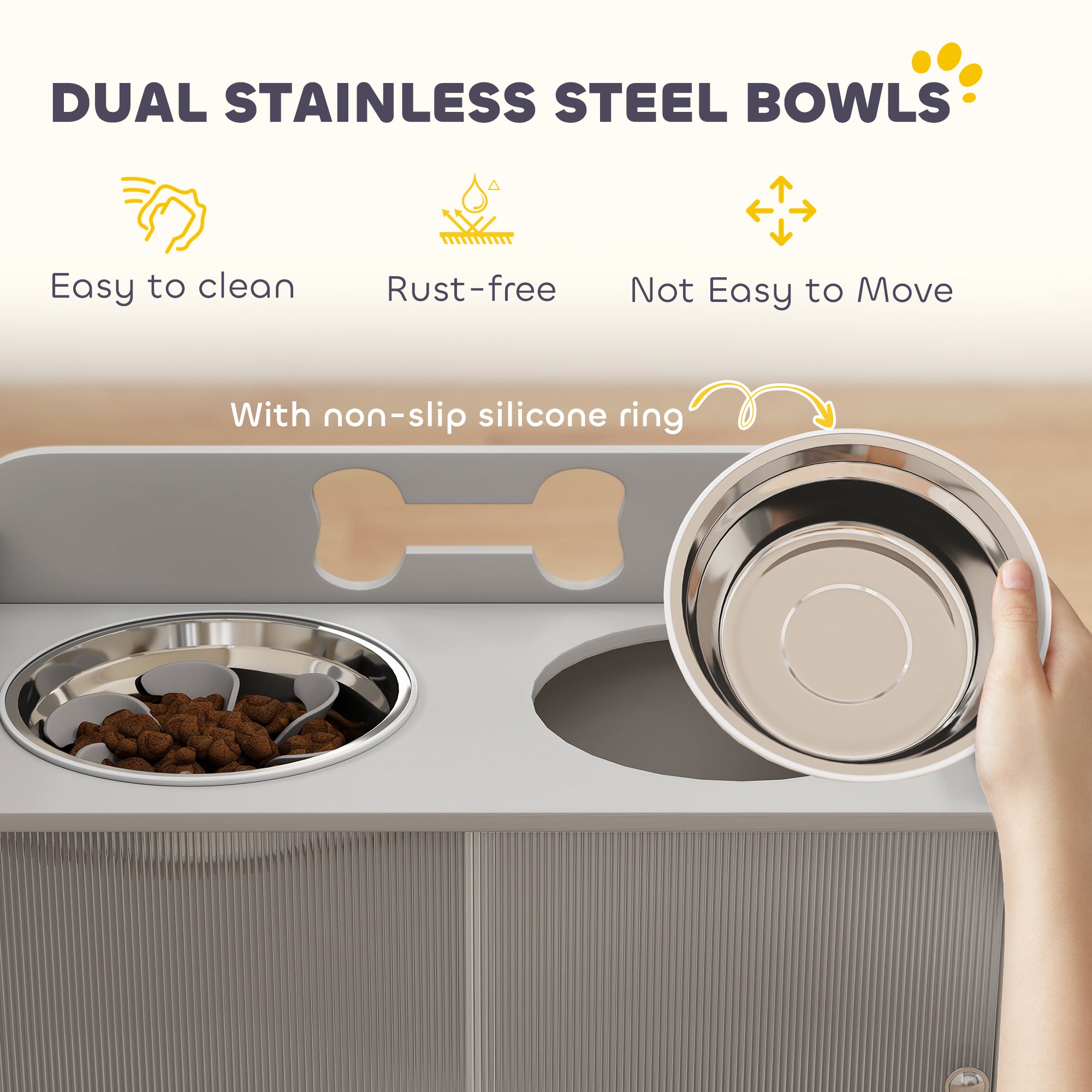 Elevated Dog Bowls with Storage, Raised Dog Bowl Stand with 2 Stainless Steel Food Dishes and Slow Feeder, Pet Feeding Station for Large Breeds, Gray
