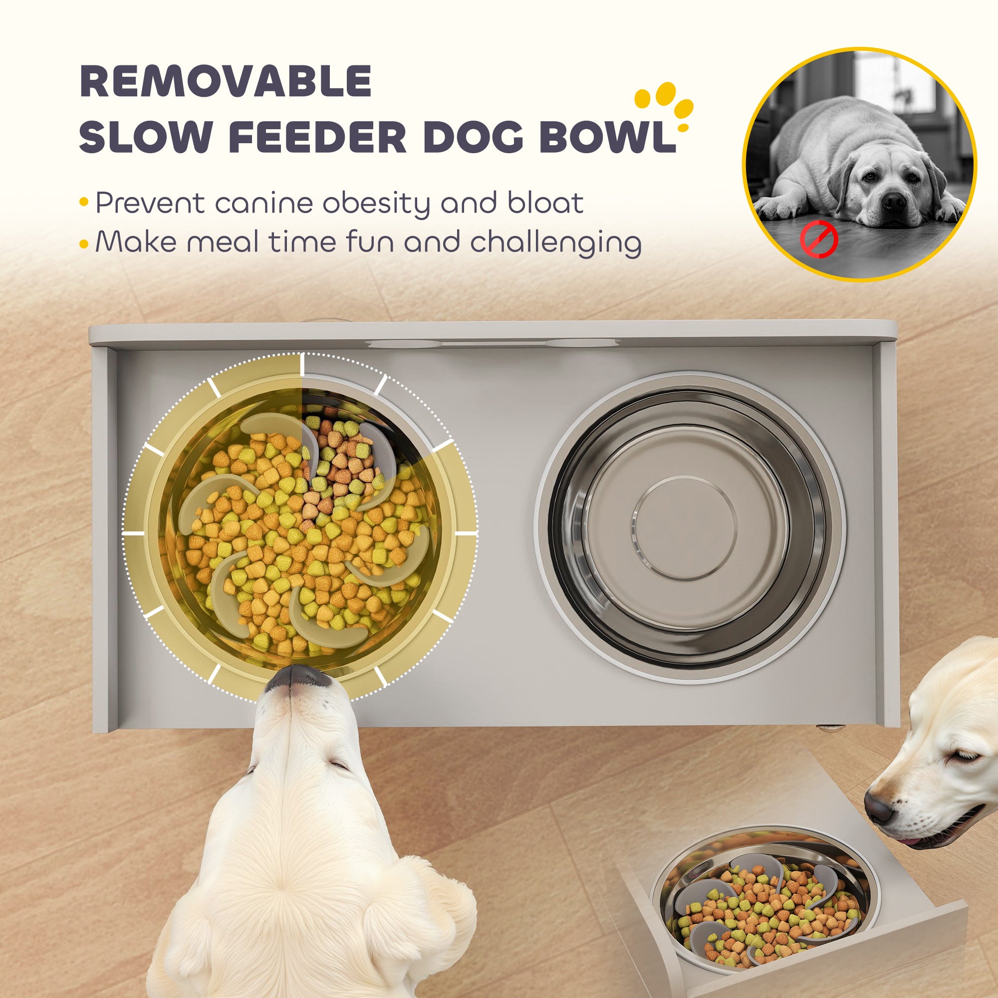 Elevated Dog Bowls with Storage, Raised Dog Bowl Stand with 2 Stainless Steel Food Dishes and Slow Feeder, Pet Feeding Station for Large Breeds, Gray