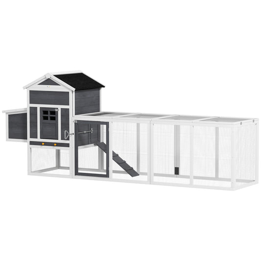 117" Chicken Coop, Wooden Rabbit Hutch with Chicken Run, Slide-out Tray, Asphalt Roof, Nesting Box - Grey and White