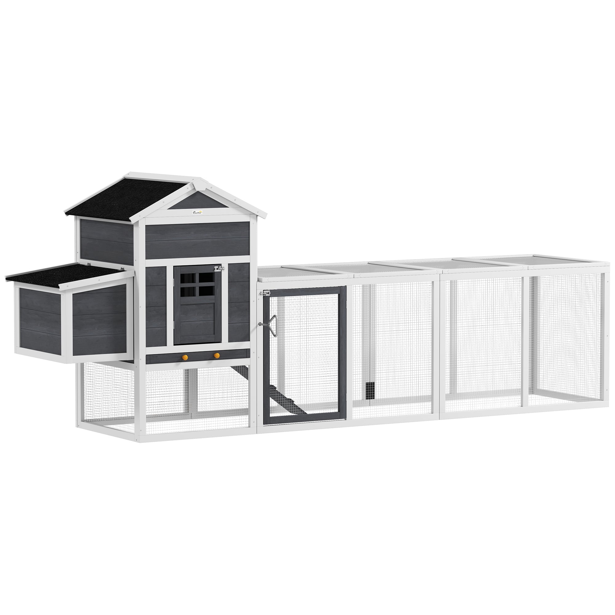 117" Chicken Coop, Wooden Rabbit Hutch with Chicken Run, Slide-out Tray, Asphalt Roof, Nesting Box - Grey and White