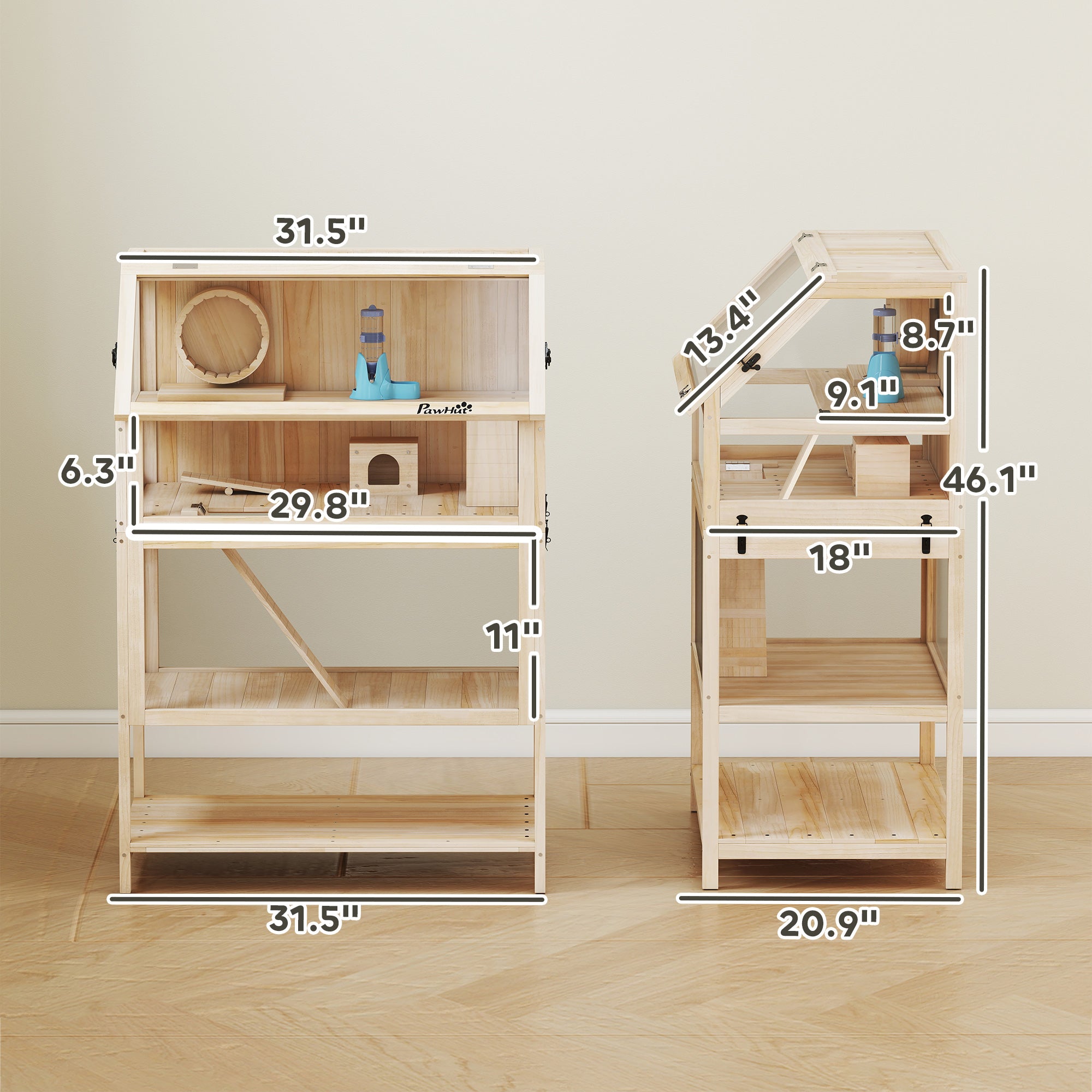 Wooden Hamster Cage, 3 Tier Small Animal Cage with Detachable Lower Floor, Storage Shelf, Hut, Seesaw, Exercise Wheel, Ramps, Hamster Habitat for Dwarf, Gerbil, 31.5" x 21" x 46"