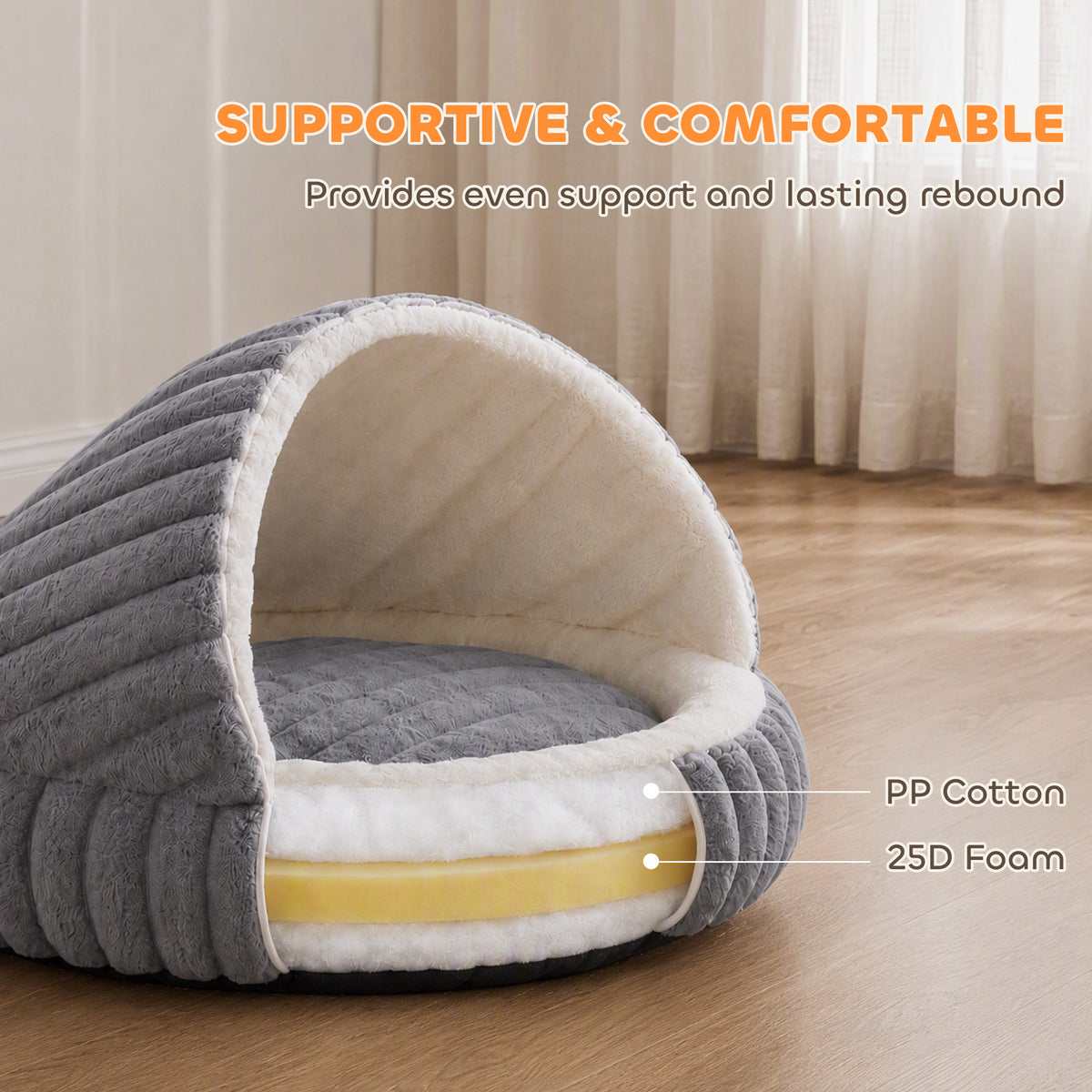 Cat Bed for Indoor Kittens, Cat Cave House with Non-Slip Bottom and Washable Cushion, Soft Pet Bed for Indoor Warmth & Comfort, 50 x 50 x 32 cm, Grey