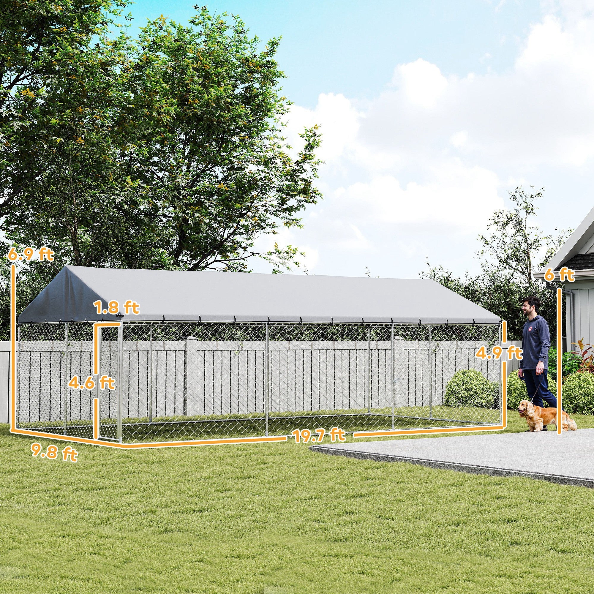 Outdoor Dog Kennel, 20' x 10' x 7', Heavy Duty Large Dog Kennel Outside w/ Waterproof Roof, Galvanized Chain Link Pet Enclosure w/ 2 Secure Locks, for Large Breed, Chicken, Duck
