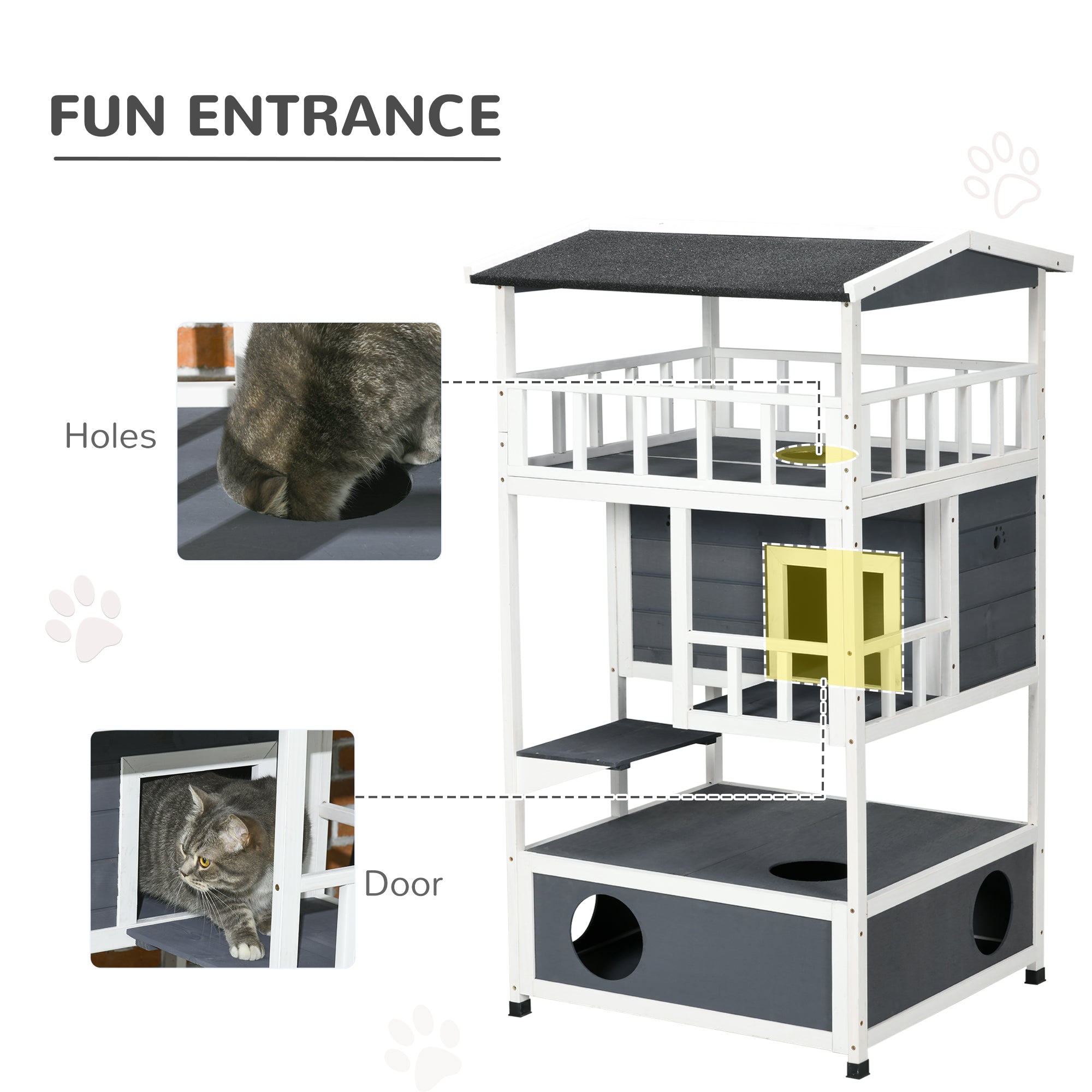 PawHut Wooden Outdoor Cat House, Feral Cat Shelter Kitten Condo with Asphalt Roof, Escape Doors, Condo, Jumping Platform, Gray