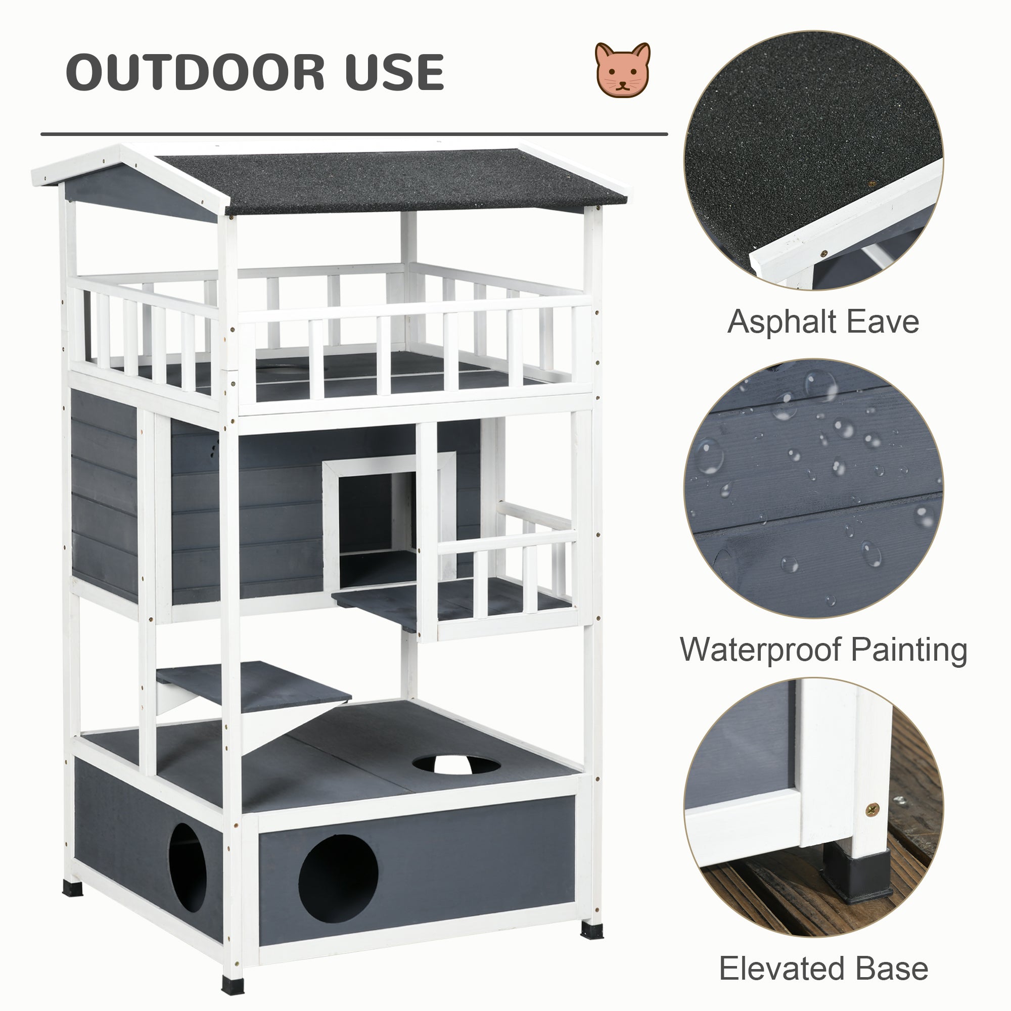 PawHut Wooden Outdoor Cat House, Feral Cat Shelter Kitten Condo with Asphalt Roof, Escape Doors, Condo, Jumping Platform, Gray