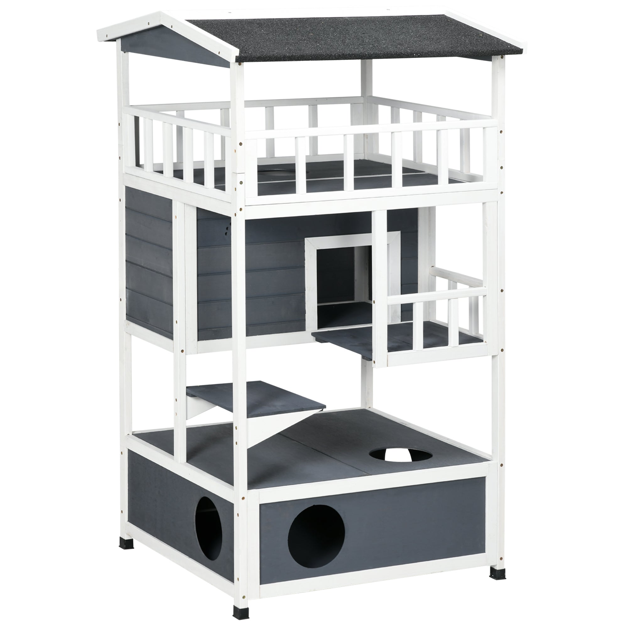 PawHut Wooden Outdoor Cat House, Feral Cat Shelter Kitten Condo with Asphalt Roof, Escape Doors, Condo, Jumping Platform, Gray