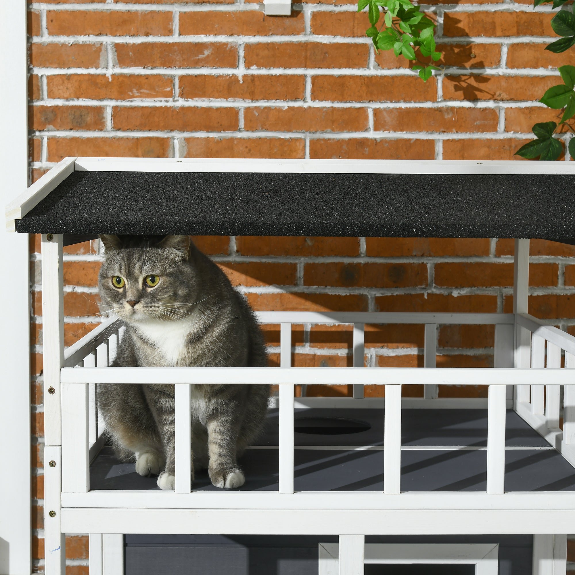 PawHut Wooden Outdoor Cat House, Feral Cat Shelter Kitten Condo with Asphalt Roof, Escape Doors, Condo, Jumping Platform, Gray