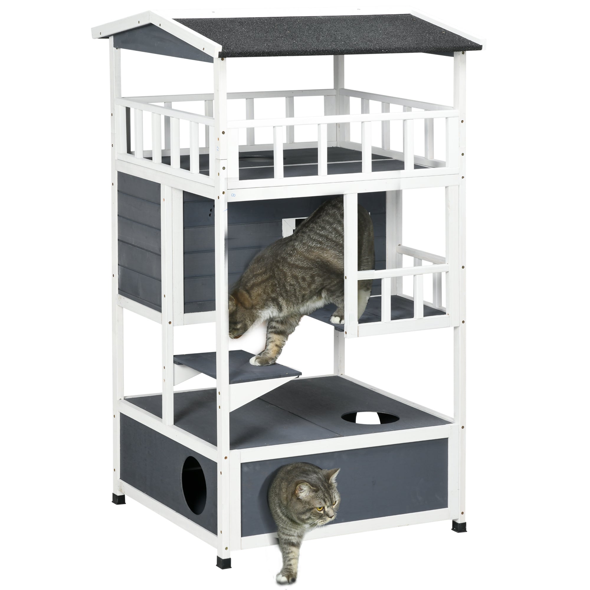 PawHut Wooden Outdoor Cat House, Feral Cat Shelter Kitten Condo with Asphalt Roof, Escape Doors, Condo, Jumping Platform, Gray