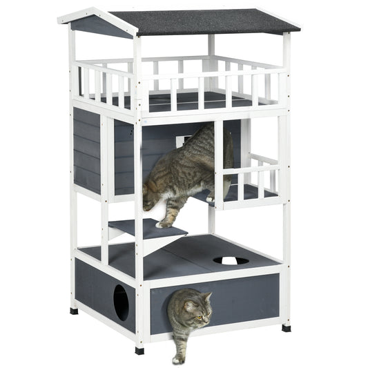 Outdoor Cat House, 4-Floor Wood Cat House for Feral Cats with Balcony, Condo, Fun Entrances, Perch, Grey