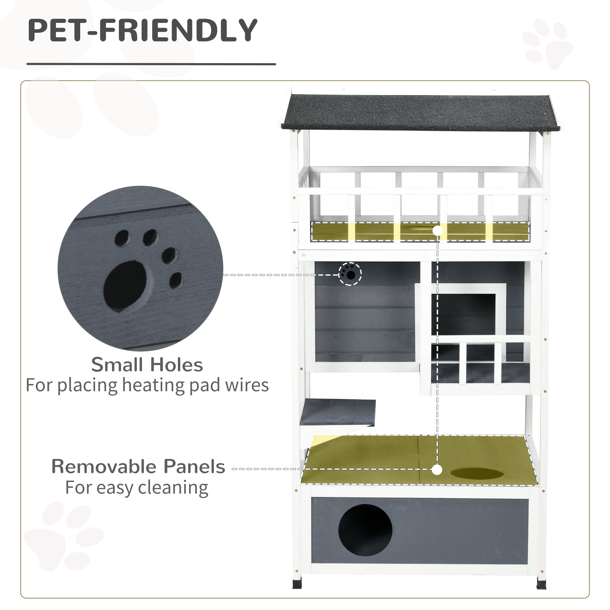PawHut Wooden Outdoor Cat House, Feral Cat Shelter Kitten Condo with Asphalt Roof, Escape Doors, Condo, Jumping Platform, Gray