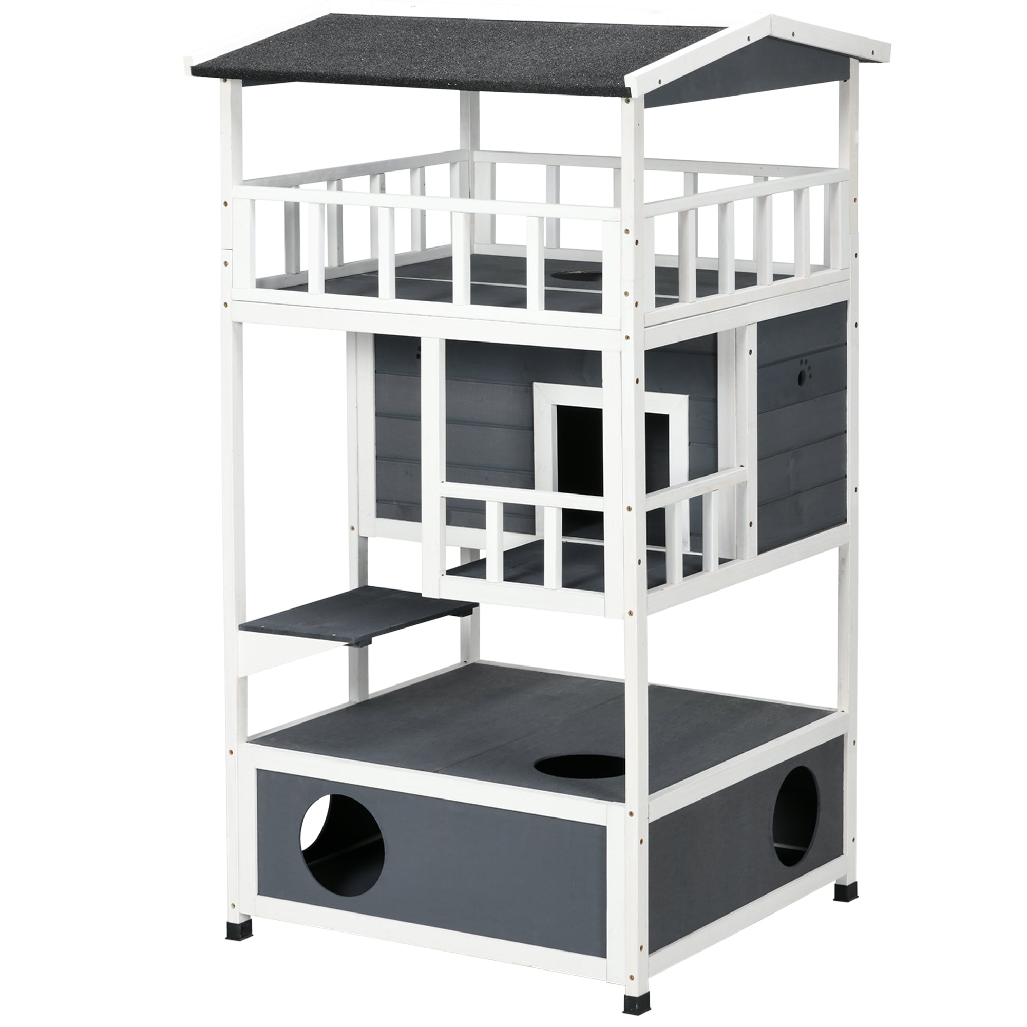 PawHut Wooden Outdoor Cat House, Feral Cat Shelter Kitten Condo with Asphalt Roof, Escape Doors, Condo, Jumping Platform, Gray