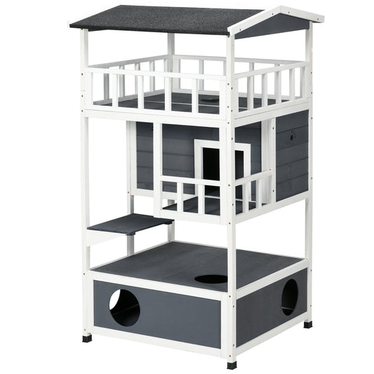 Outdoor Cat House, 4-Floor Wood Cat House for Feral Cats with Balcony, Condo, Fun Entrances, Perch, Grey