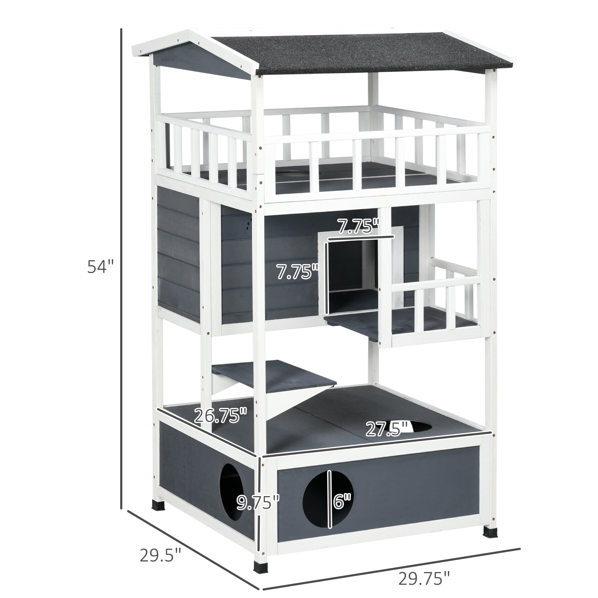PawHut Wooden Outdoor Cat House, Feral Cat Shelter Kitten Condo with Asphalt Roof, Escape Doors, Condo, Jumping Platform, Gray