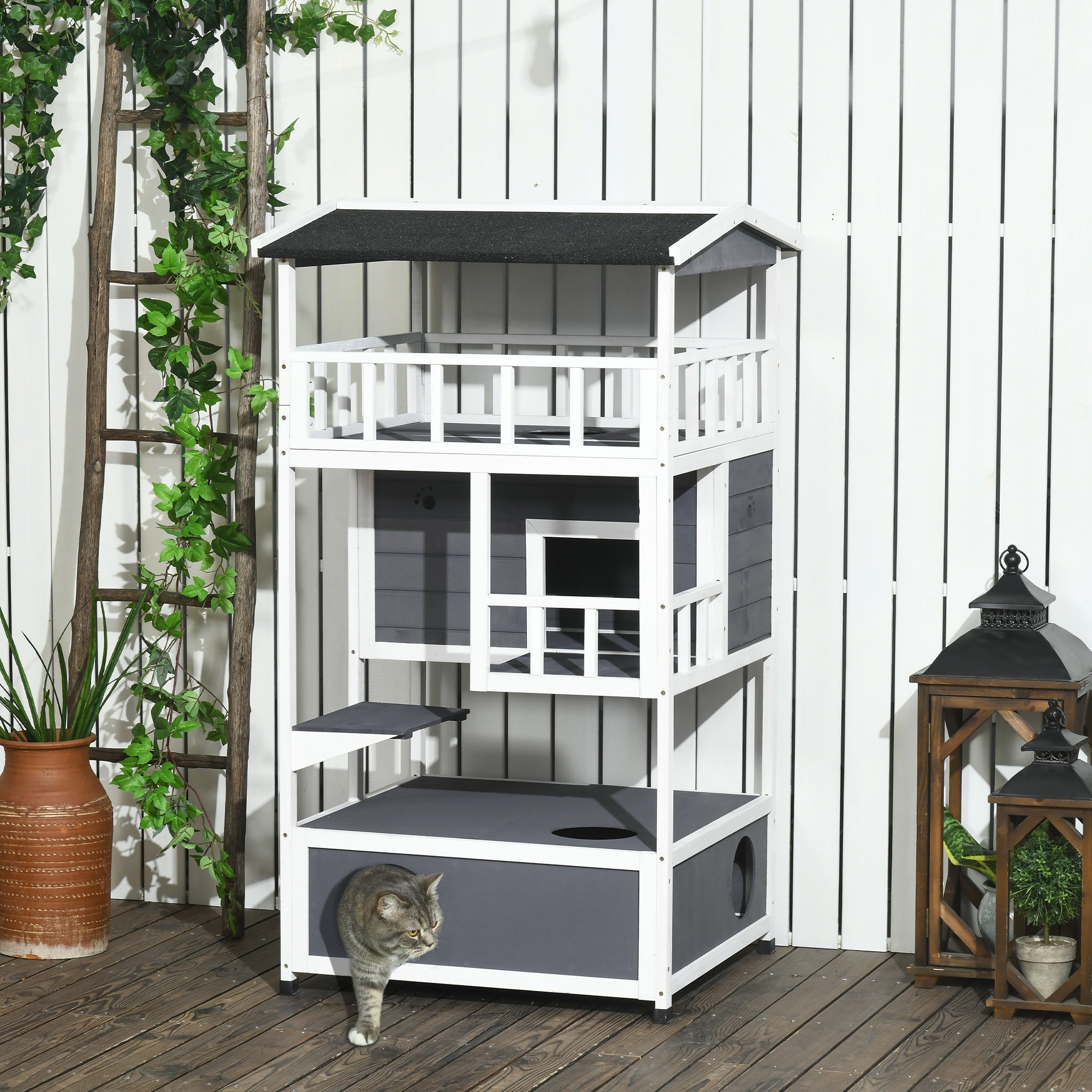 PawHut Wooden Outdoor Cat House, Feral Cat Shelter Kitten Condo with Asphalt Roof, Escape Doors, Condo, Jumping Platform, Gray