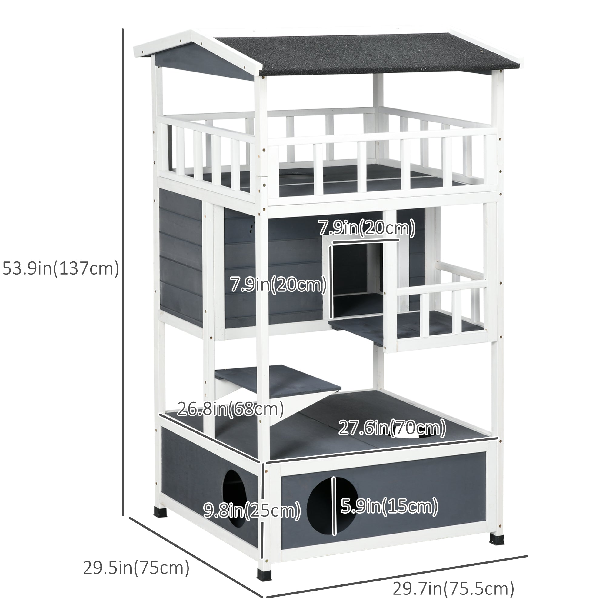 Outdoor Cat House, 4-Floor Wood Cat House for Feral Cats with Balcony, Condo, Fun Entrances, Perch, Grey