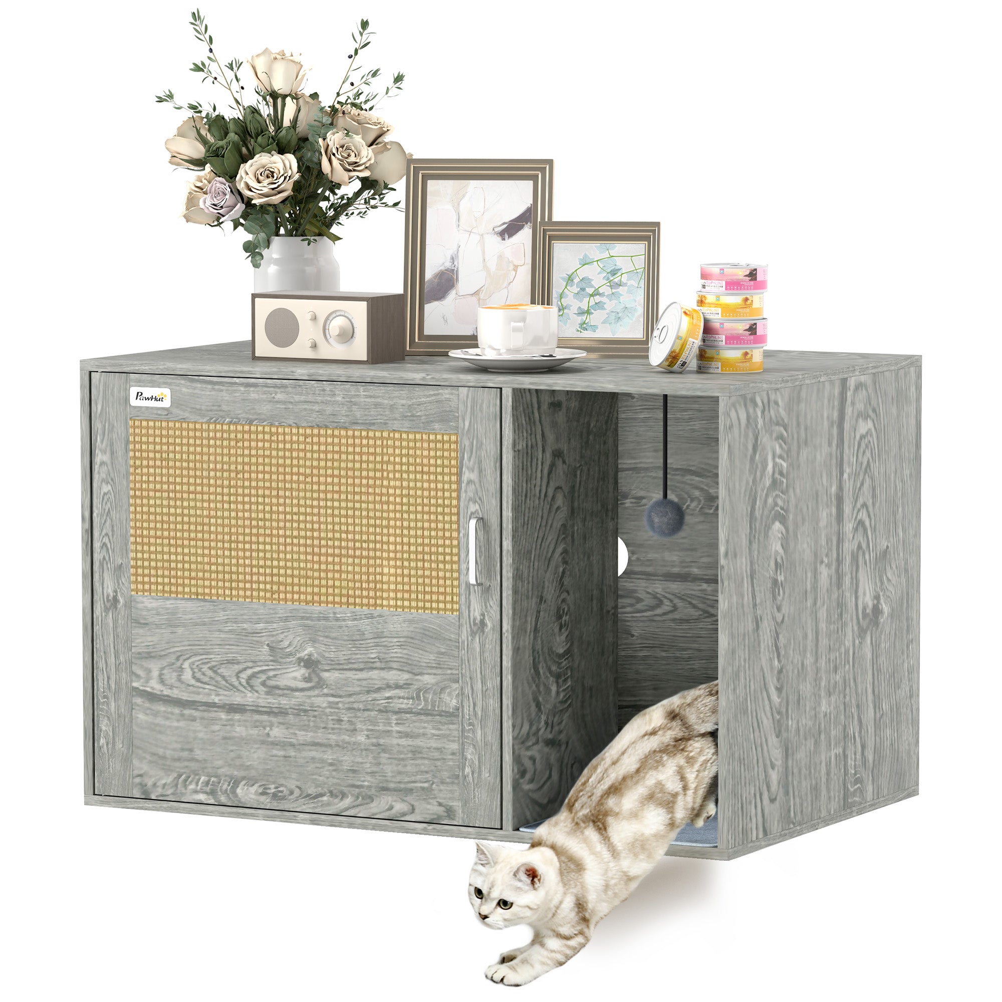 Cat Litter Box Enclosure with Rattan Door, Boho Style Hiddern Litter Box Furniture, Cat House End Side Table with Scratching Mat, Toy Ball, Non-slip Foot Pads, 80 x 50 x 50cm, Grey