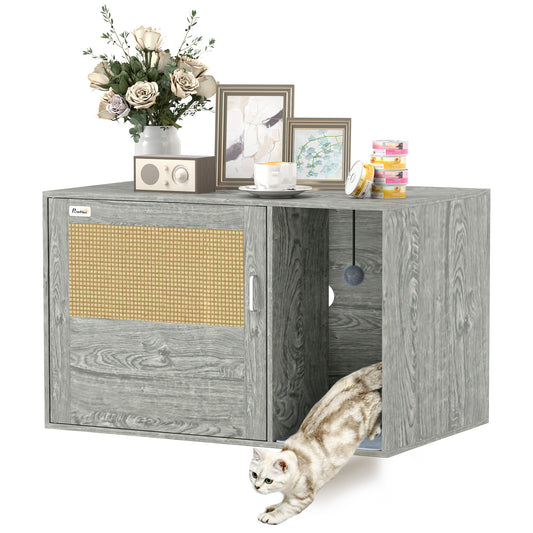 Cat Litter Box Enclosure with Rattan Door, Boho Style Hiddern Litter Box Furniture, Cat House End Side Table with Scratching Mat, Toy Ball, Non-slip Foot Pads, 80 x 50 x 50cm, Grey