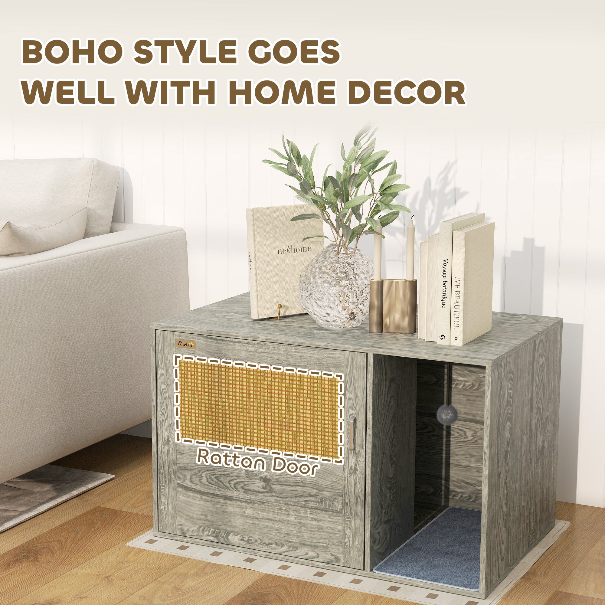 Cat Litter Box Enclosure with Rattan Door, Boho Style Hiddern Litter Box Furniture, Cat House End Side Table with Scratching Mat, Toy Ball, Non-slip Foot Pads, 80 x 50 x 50cm, Grey