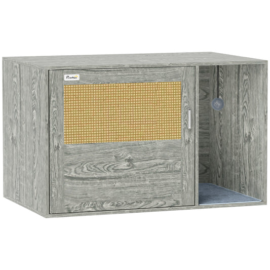 Cat Litter Box Enclosure with Rattan Door, Boho Style Hiddern Litter Box Furniture, Cat House End Side Table with Scratching Mat, Toy Ball, Non-slip Foot Pads, 80 x 50 x 50cm, Grey