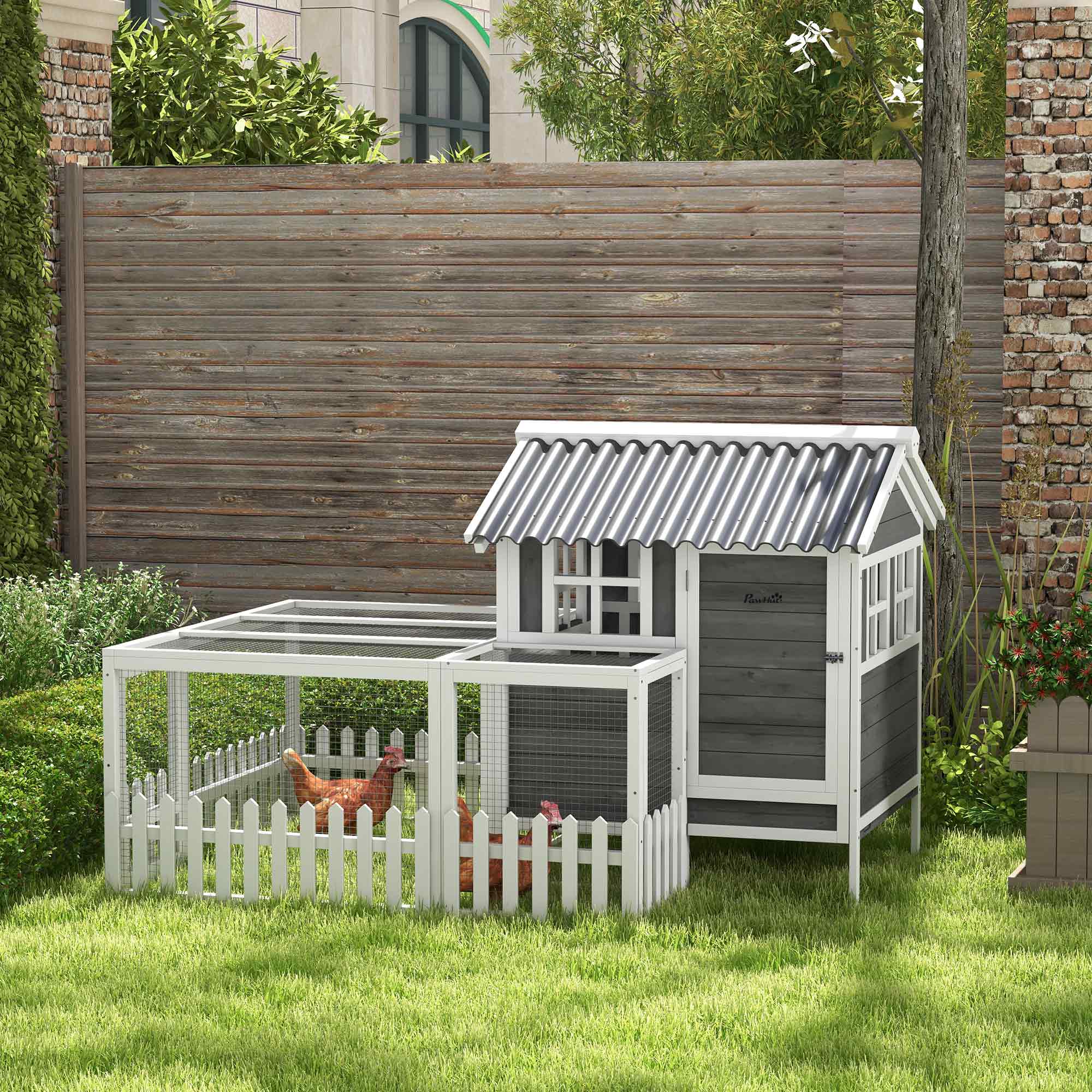 68" Wooden Chicken Coop, Outdoor Rabbit Hutch with Run, Tray, Nesting Box, Removable Tray, Fence for 3-4 Chicken, Bunnies, Ducks, Charcoal Grey