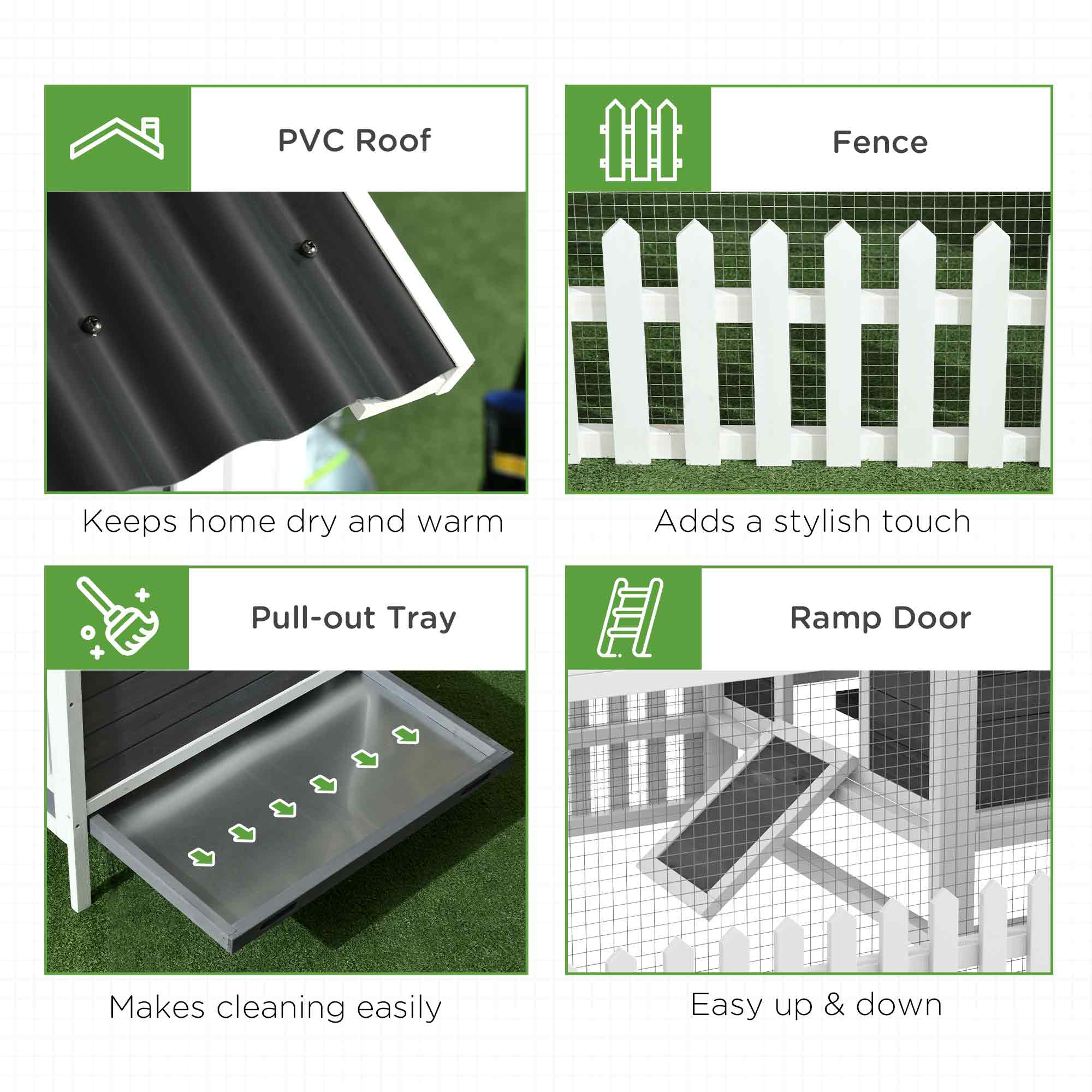 68" Wooden Chicken Coop, Outdoor Rabbit Hutch with Run, Tray, Nesting Box, Removable Tray, Fence for 3-4 Chicken, Bunnies, Ducks, Charcoal Grey