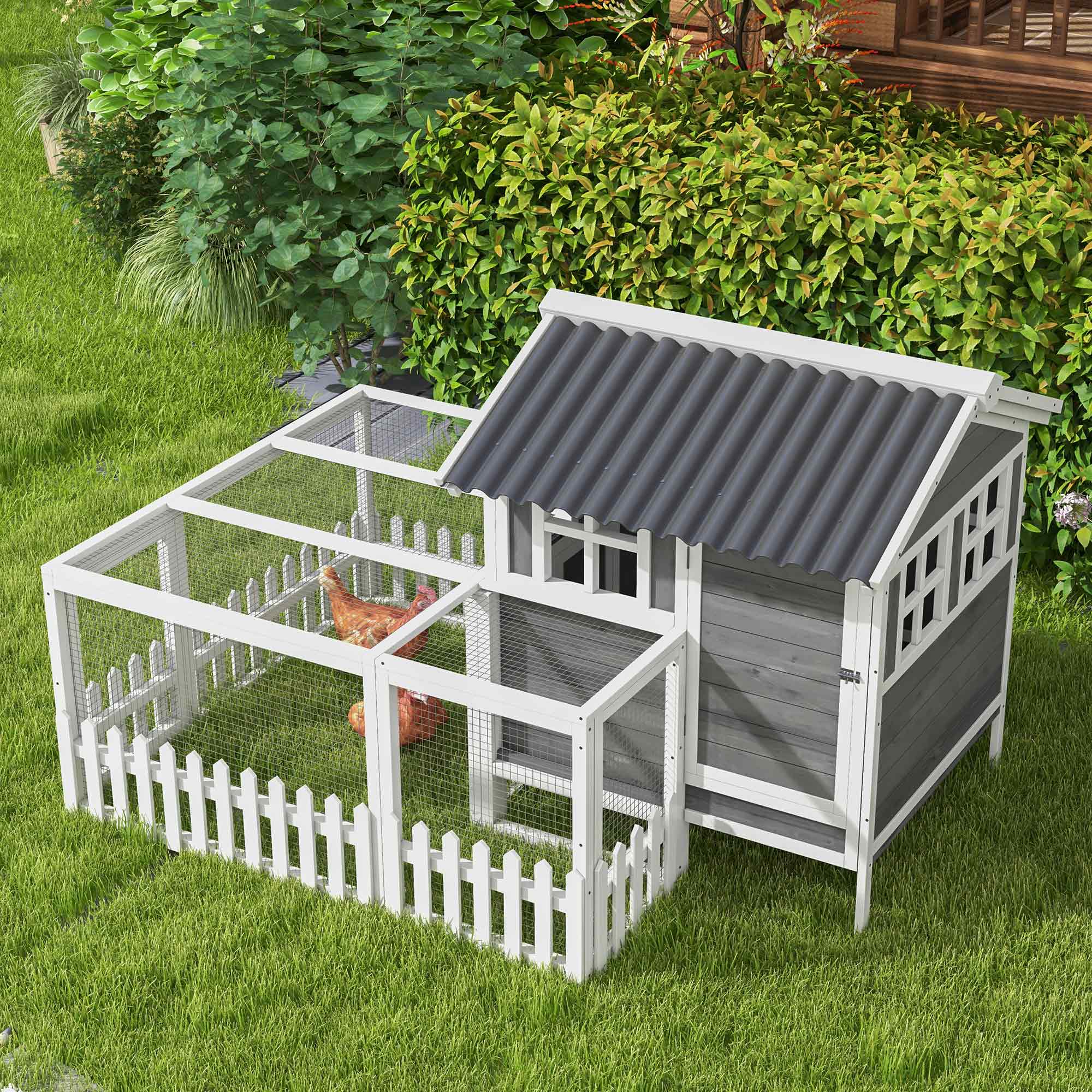 68" Wooden Chicken Coop, Outdoor Rabbit Hutch with Run, Tray, Nesting Box, Removable Tray, Fence for 3-4 Chicken, Bunnies, Ducks, Charcoal Grey