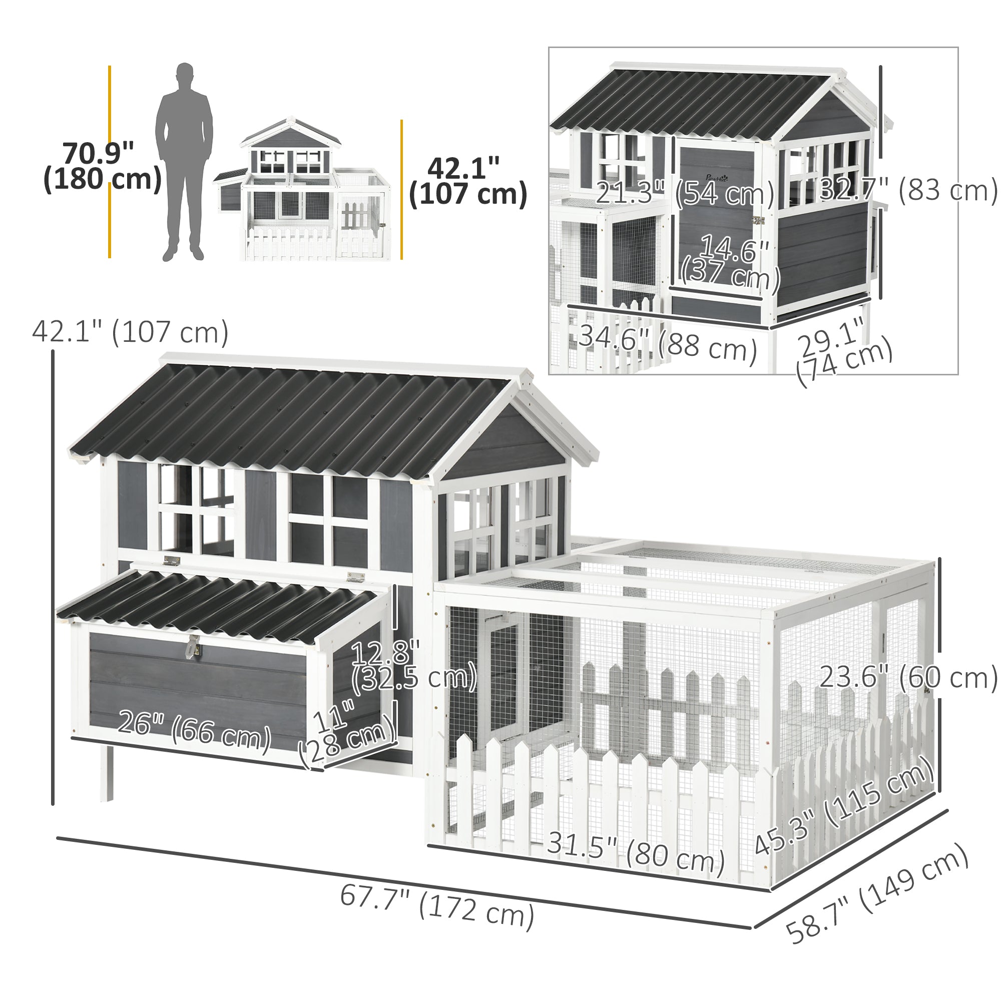 68" Wooden Chicken Coop, Outdoor Rabbit Hutch with Run, Tray, Nesting Box, Removable Tray, Fence for 3-4 Chicken, Bunnies, Ducks, Charcoal Grey