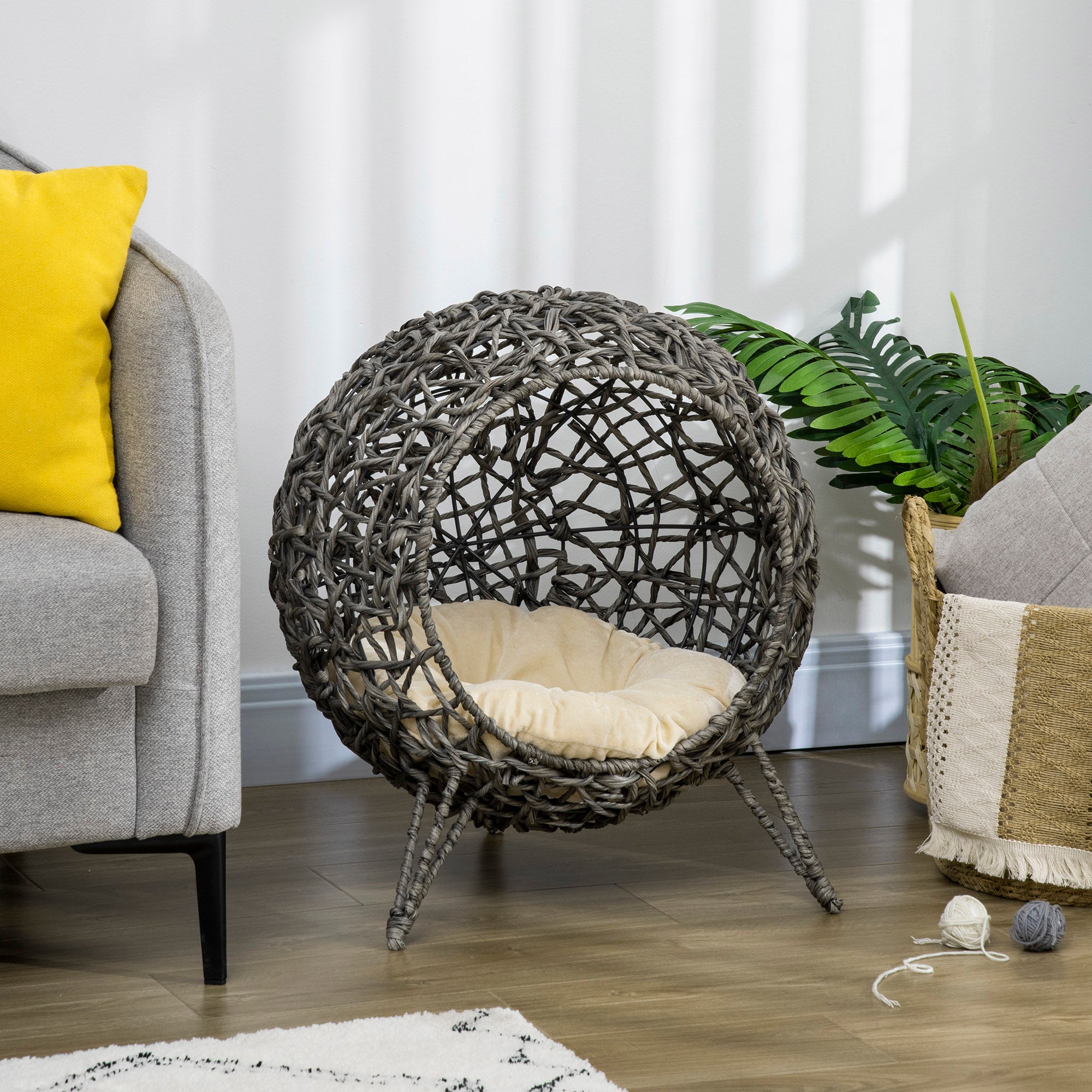 Rattan Elevated Cat Bed House Kitten Basket Ball Shaped Pet Furniture w/ Removable Cushion - Silver-Tone and Grey