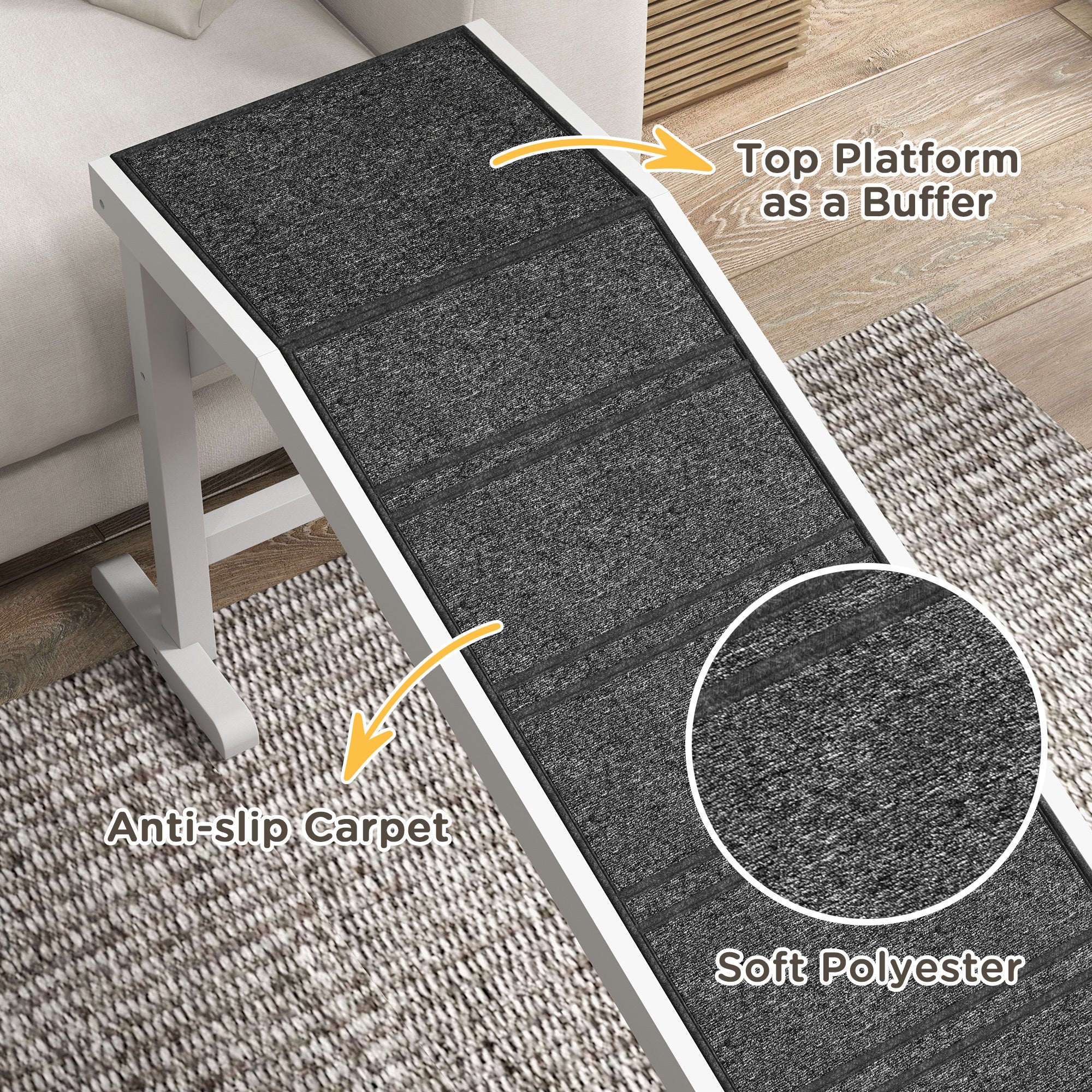 Dog Ramp for Bed, Pet Ramp for Dogs with Non-Slip Carpet and Top Platform, White & Grey